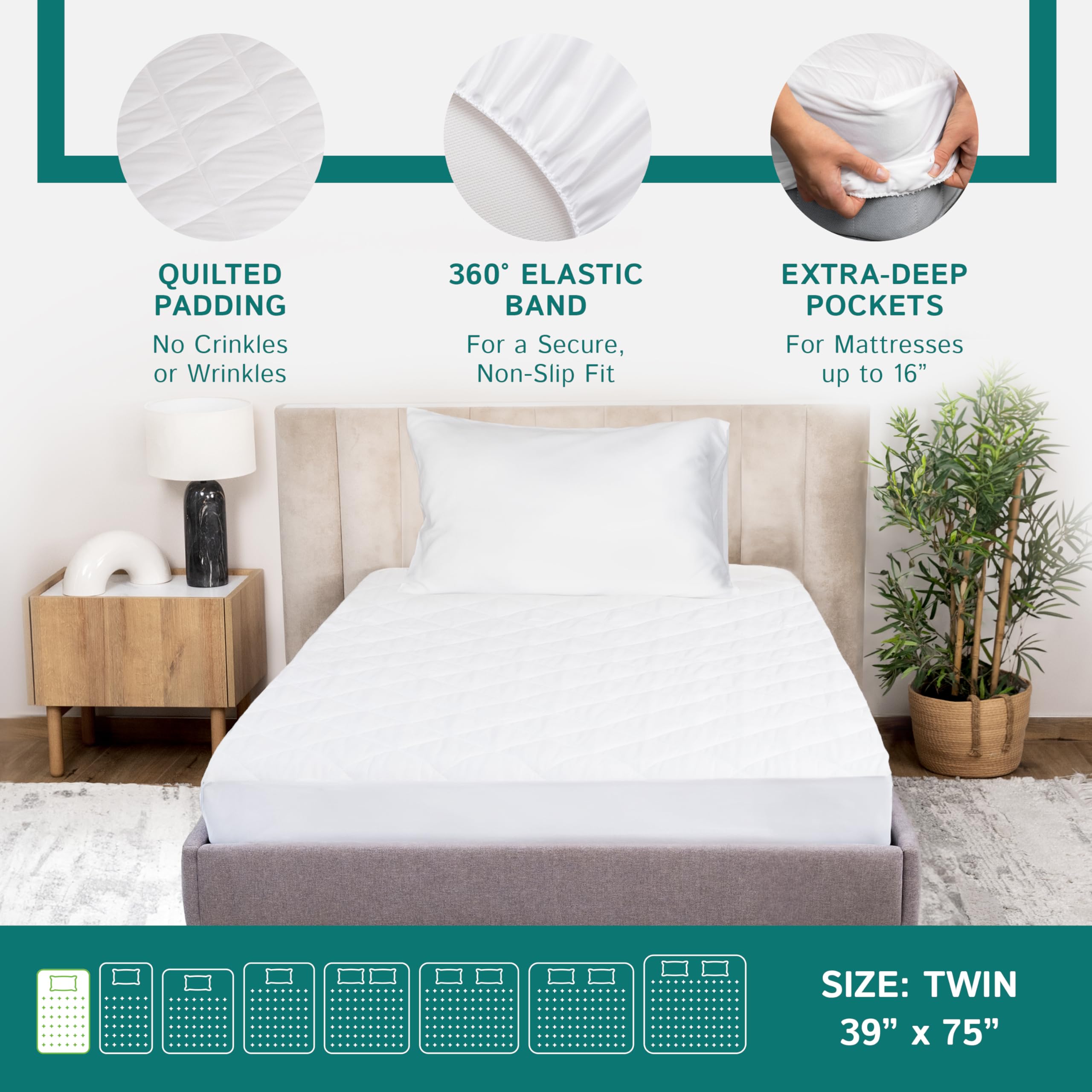 Twin Size Quilted Mattress Pad - Fitted Waterproof Mattress Protector, Pillow Top Mattress Topper, Premium Quality Hypoallergeni