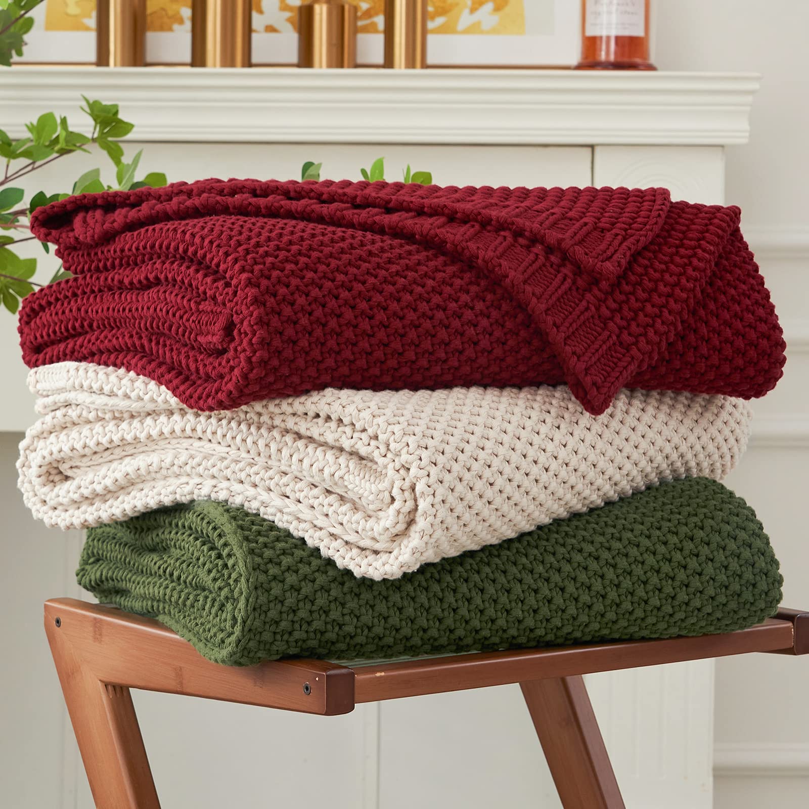 Longhui Bedding Chunky Cable Knit Throw Blanket Lightweight Burgundy 100% Organic Cotton Blanket For Sofa Couch Bed Baby Nursery