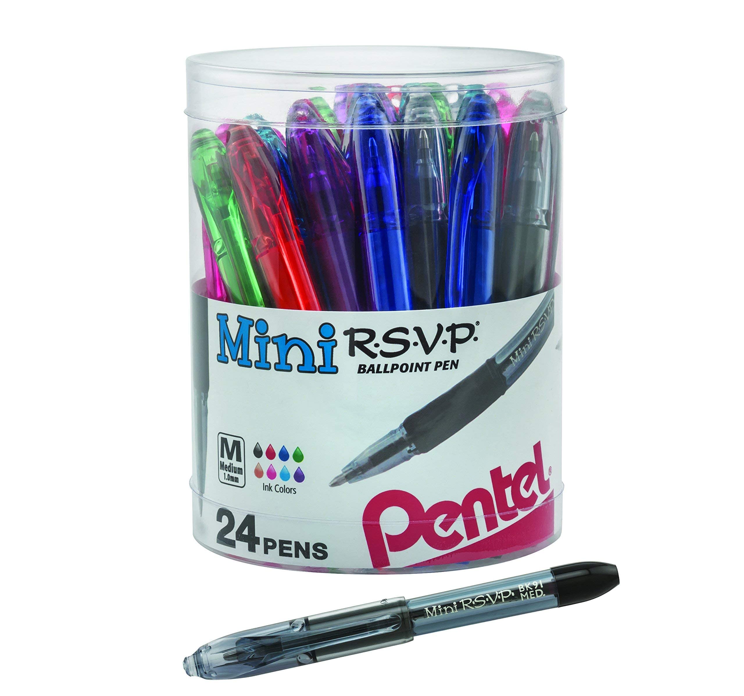 Pentel Rsvp Mini Ballpoint Pen, (1.0Mm) Medium Line, 24-Assorted Ink In Clear Cylinder Pack (Bk91Mn24M)
