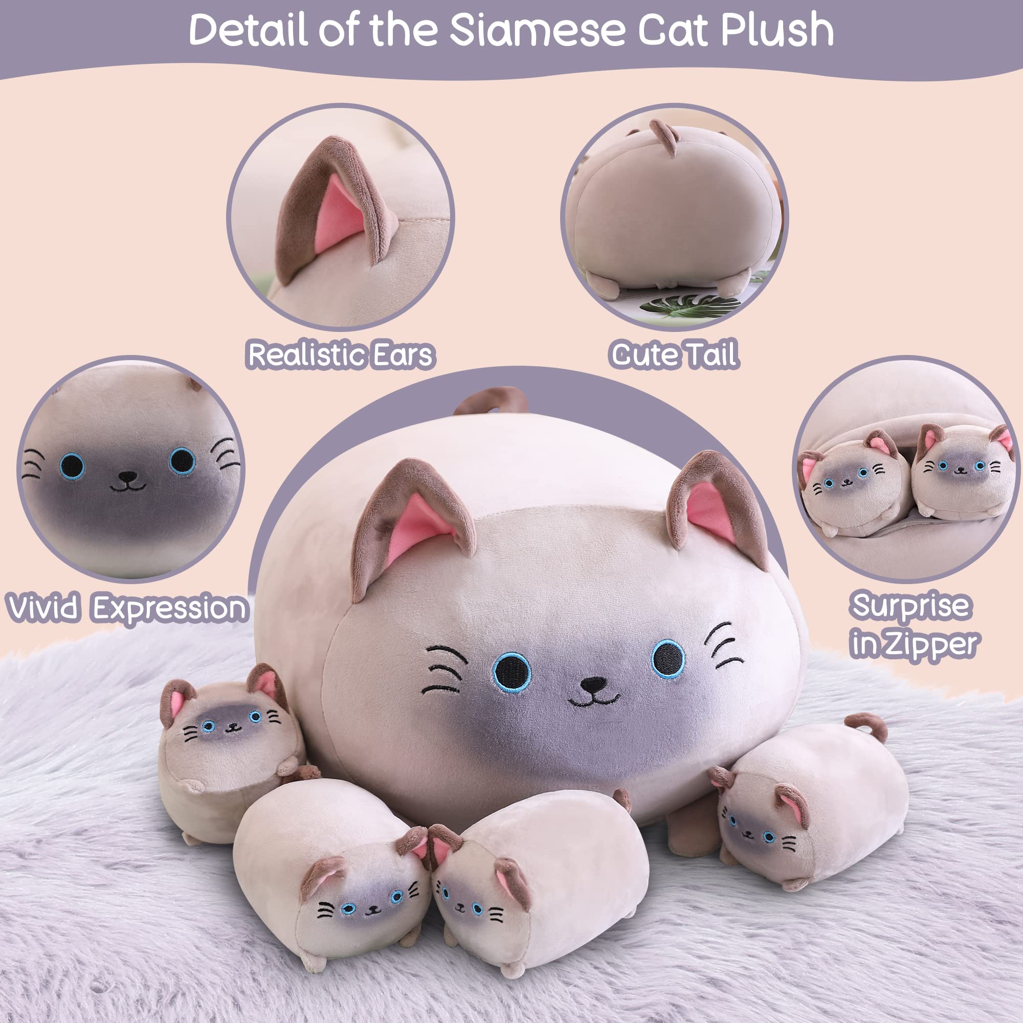 Sqeqe Siamese Cat Plush, Cute Siamese Cat Stuffed Animals Mommy With 4 Squishy Kitties In Her Tummy, Soft Siamese Cat Plushies P