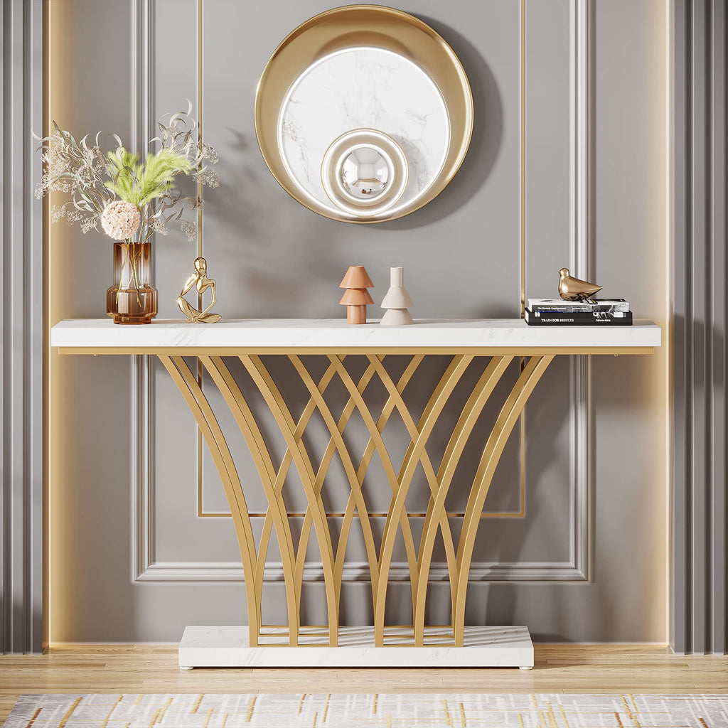 Tribesigns 59 Inch Gold Console Table, Modern Entryway Table With Grid-Shaped Metal Base For Entrance, Hallway, Entryway, Living Room(White Faux Marble & Gold)