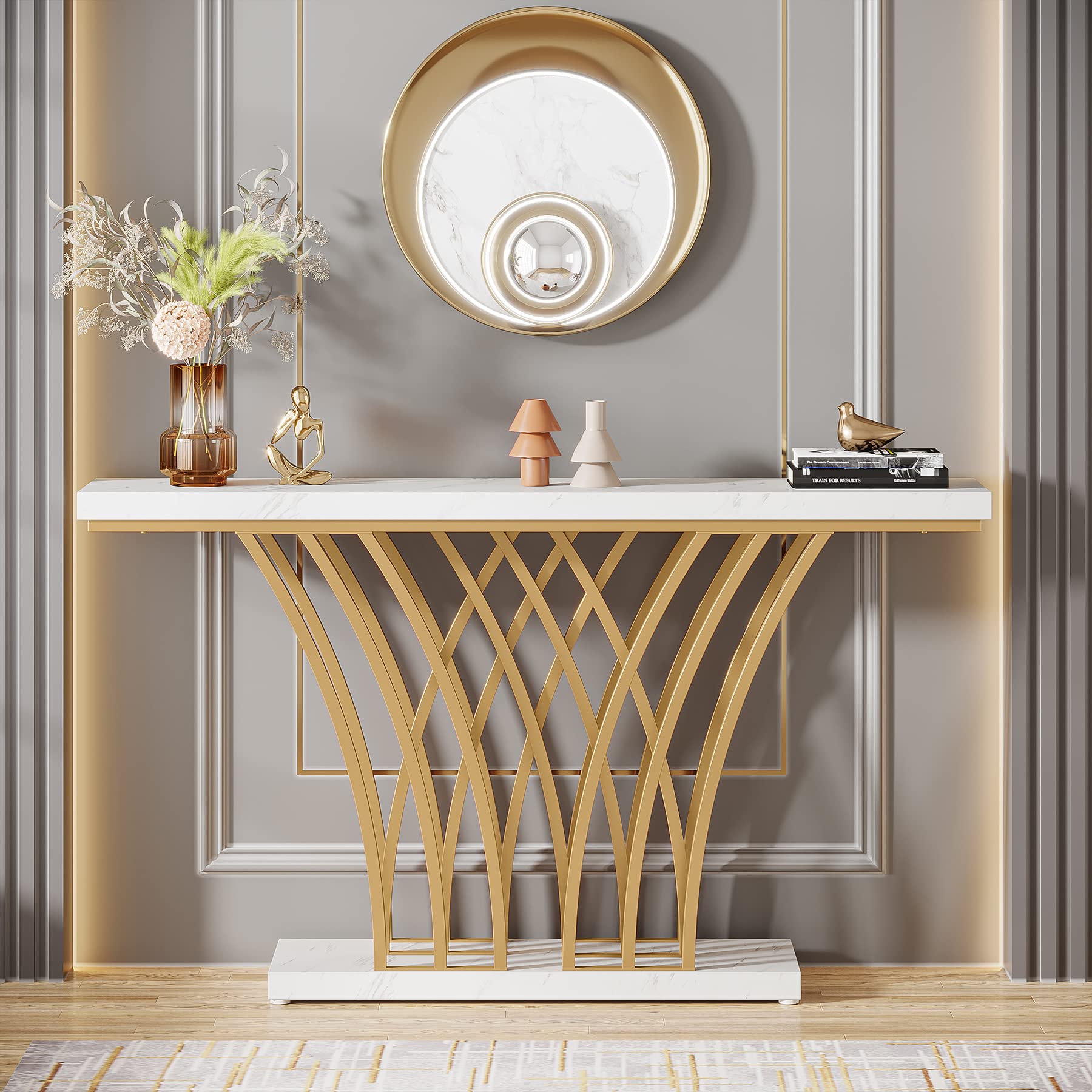 Tribesigns 59 Inch Gold Console Table, Modern Entryway Table With Grid-Shaped Metal Base For Entrance, Hallway, Entryway, Living Room(White Faux Marble & Gold)