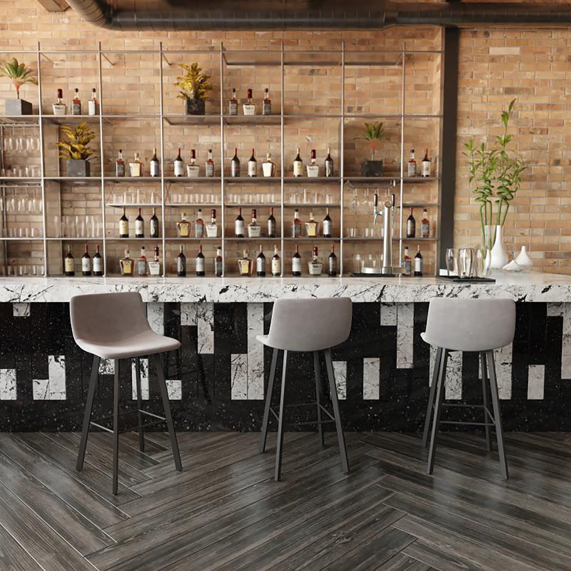 Flash Furniture Caleb Modern Commercial Barstools with Footrests - Gray LeatherSoft -30 Inch - Black Matte Iron Frame - Armless - Set of 2