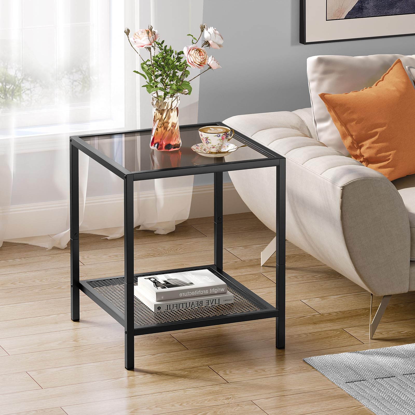 SAYGOER Small Side Table Glass End Table with Mesh Storage Shelf for Small Spaces Modern 2-Tier Square Bed Nightstand Couch Tabl
