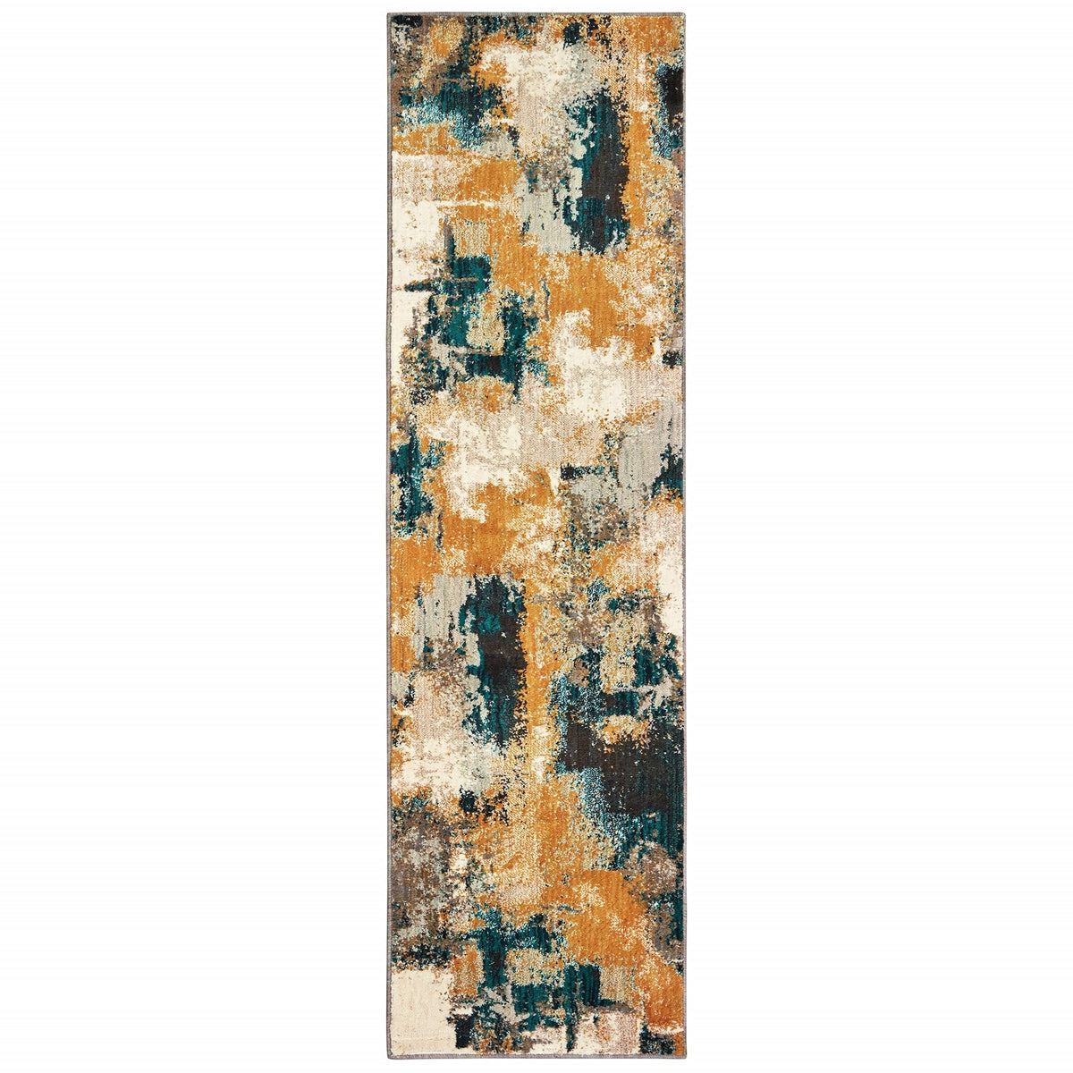 HomeRoots Nylon, Polypropylene 2’x8’ Blue and Gold Abstract Strokes Runner Rug