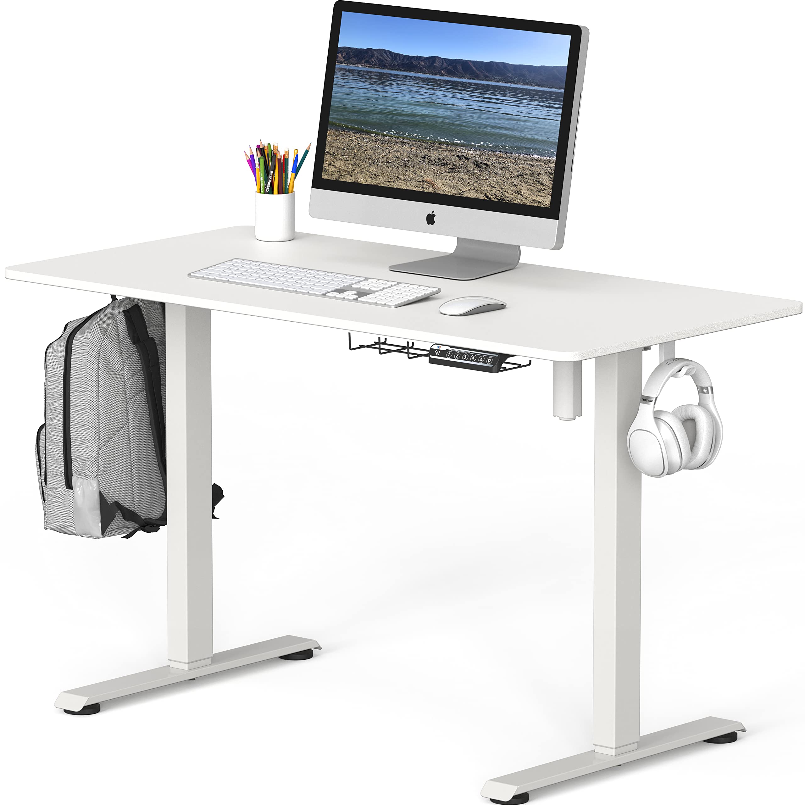 SHW 48-Inch Electric Height Adjustable Sit to Stand Desk with Hanging Hooks and Cable Management, White Frame and White Top