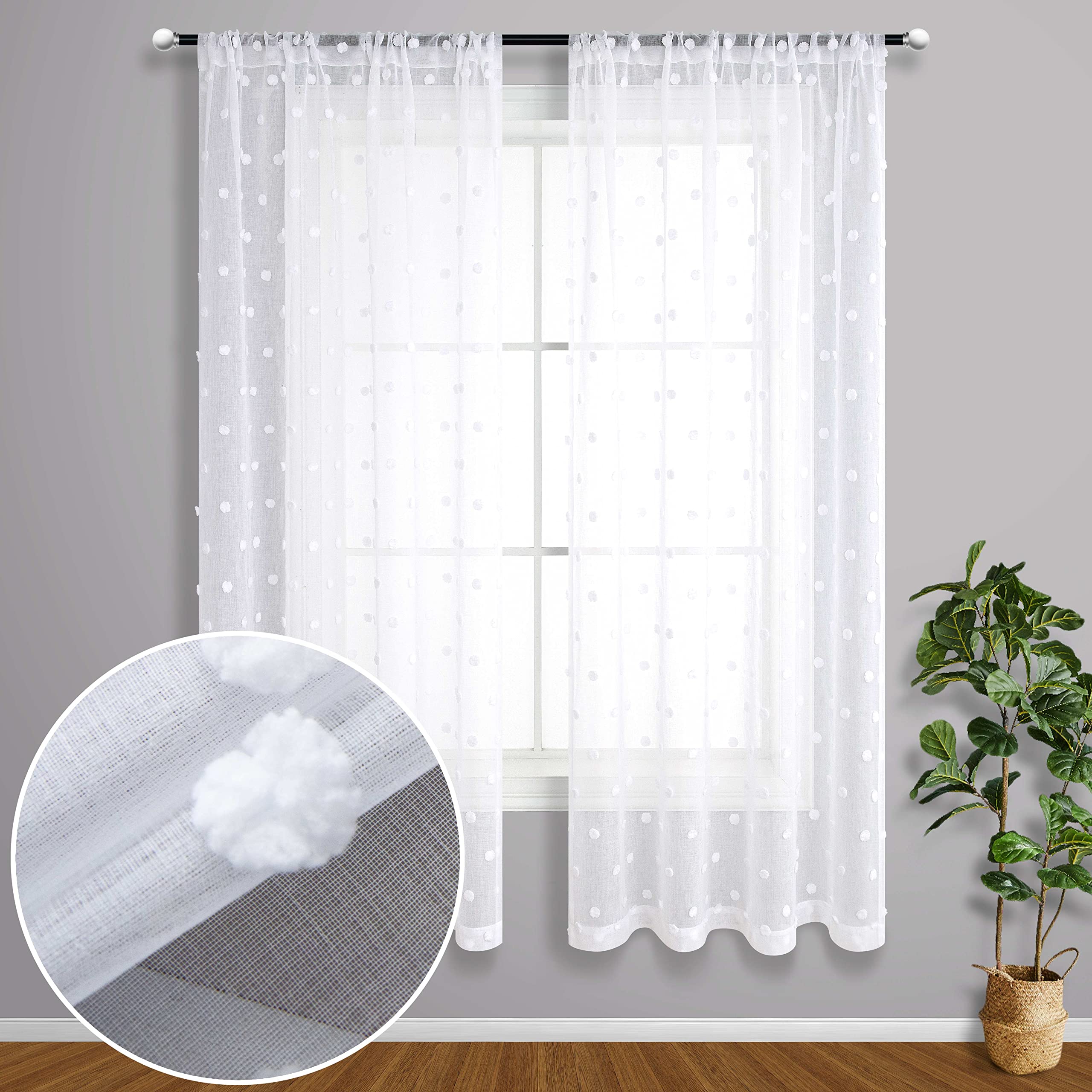 White Bedroom Curtains 63 Inch Length 2 Panel Rod Pocket Shabby Chic Farmhouse Cozy Pom Pattern Dot Textured Window Semi Sheer S