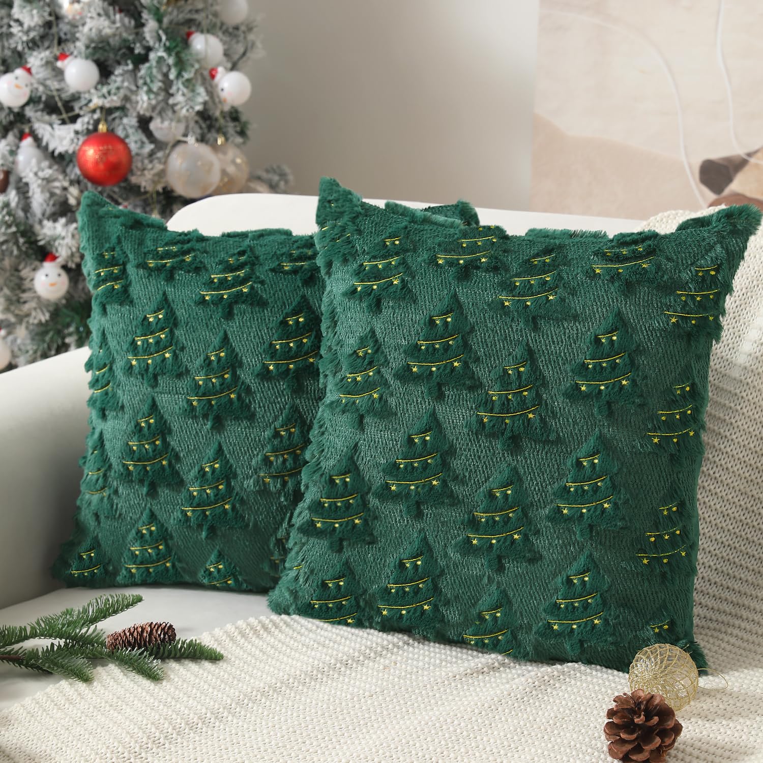 Allorry Christmas Pillow Covers 18X18 Inch Set Of 2 Christmas Decorations Soft Plush Faux Fur Christmas Tree Embroidered Christm