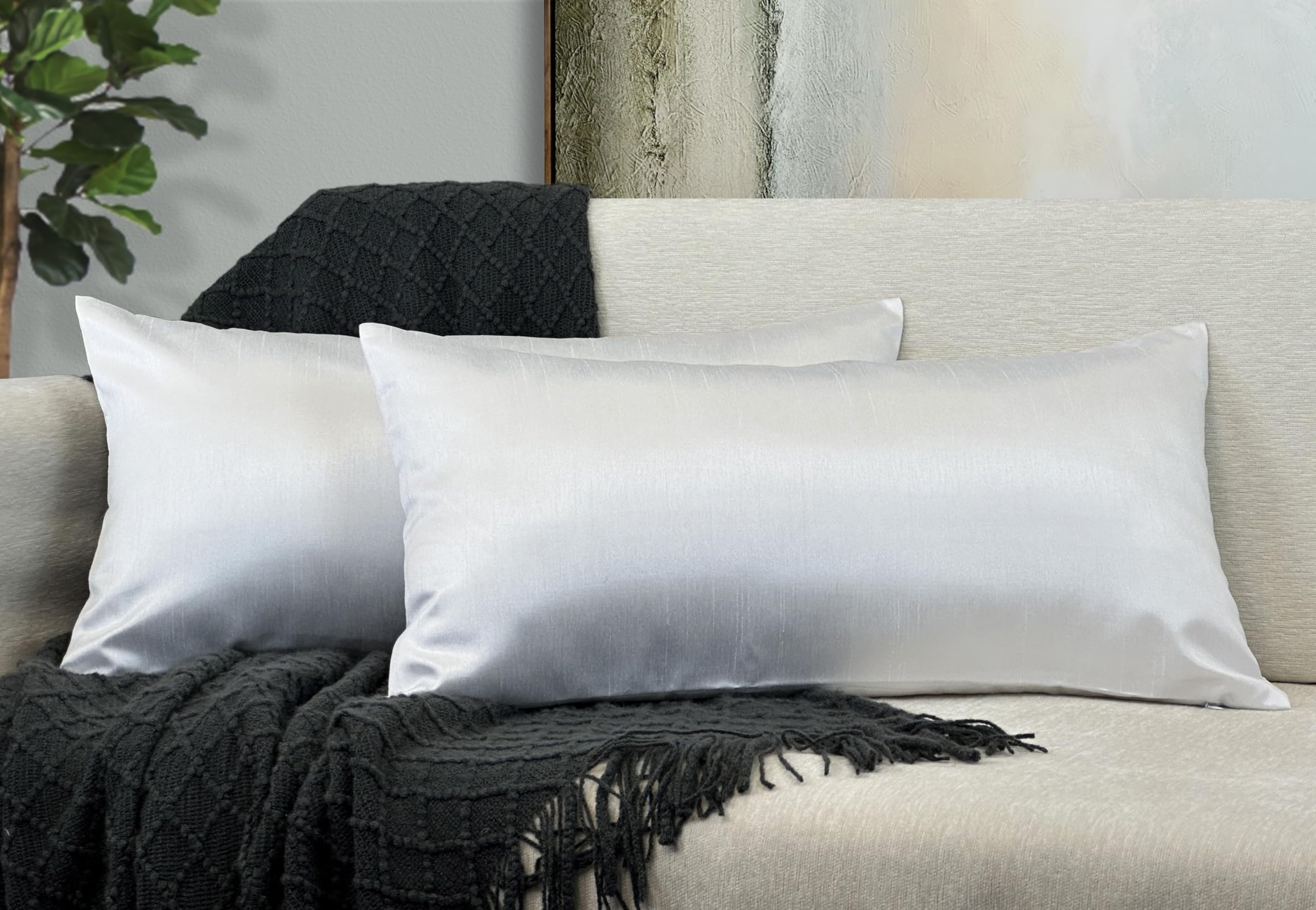 Aiking Home 12X24 Inches Faux Silk Rectangular Throw Pillow Cover, Zipper Closure, White (Set Of 2)