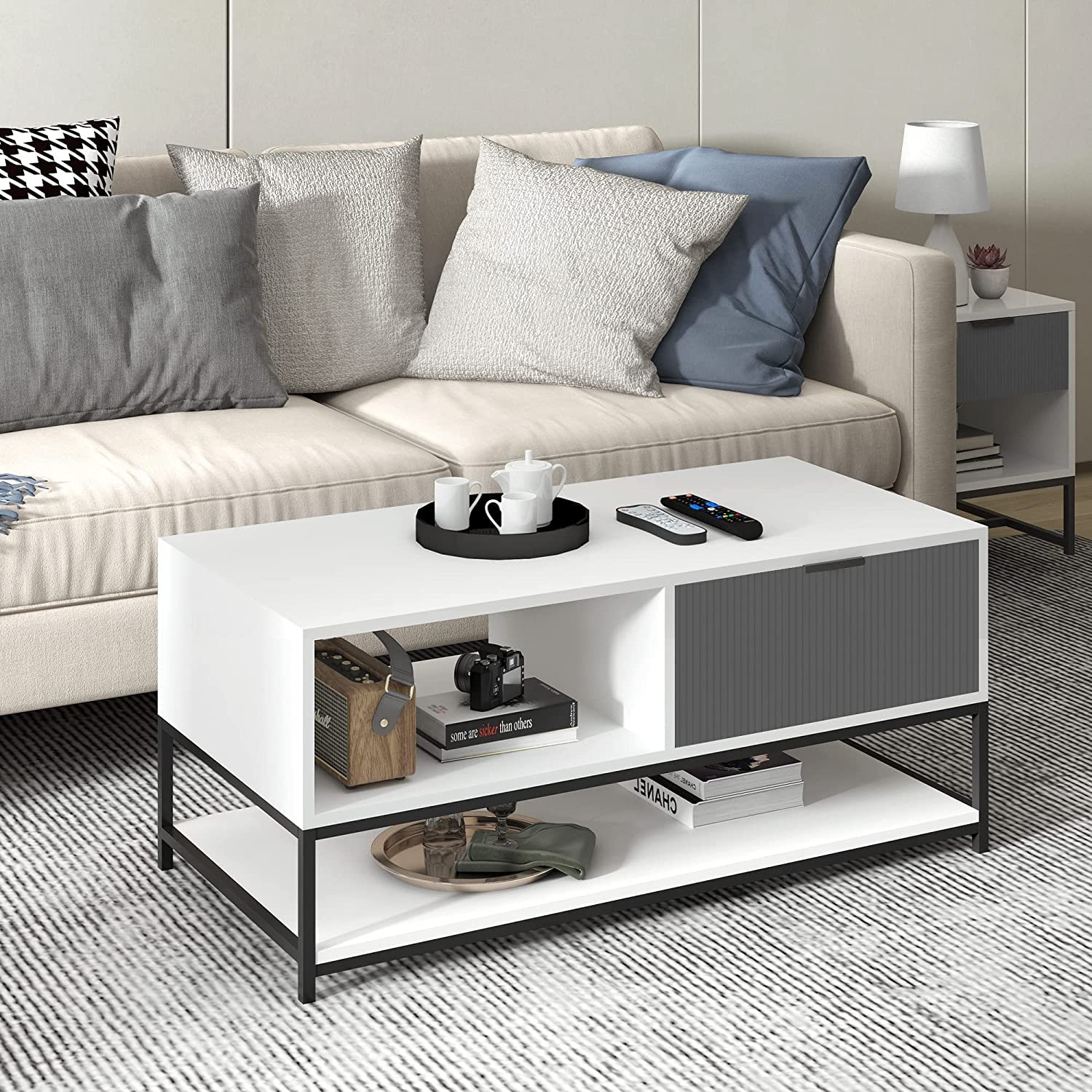 Lilola Home Watson White and Gray Wood Coffee Table Steel Frame with Shelves and Drawer