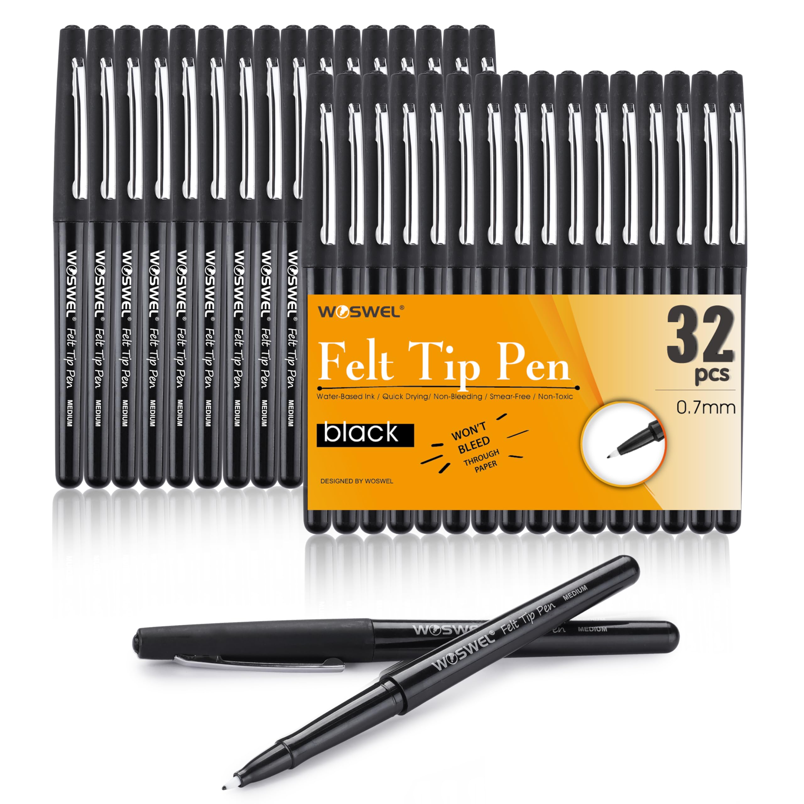 Woswel Black Felt Tip Pens, 32 Black Pens, 0.7Mm Medium Point Felt Pens, Felt Tip Markers Pens For Journaling, Note Taking, Plan
