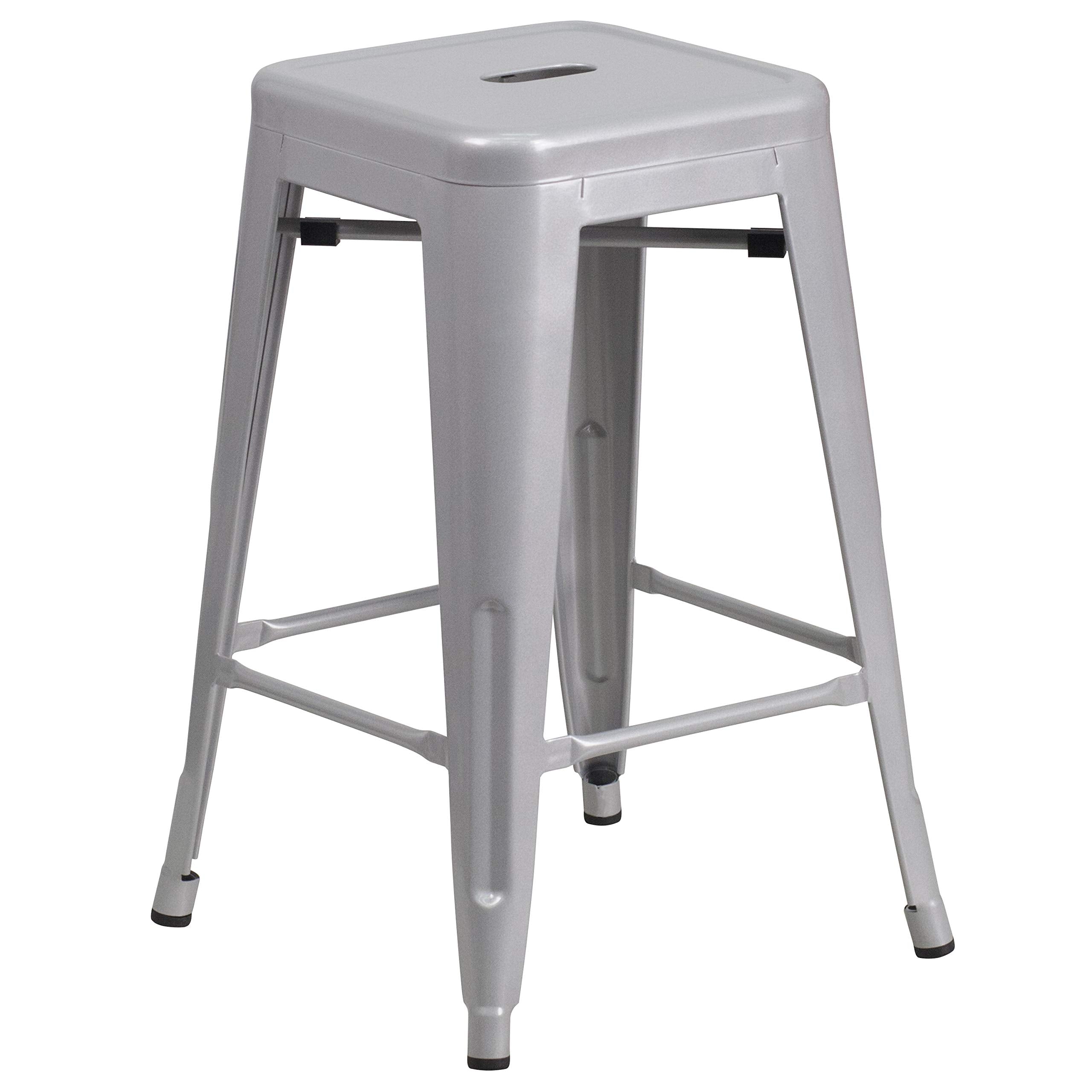 Flash Furniture Kai Commercial Grade 24' High Backless Silver Metal Indoor-Outdoor Counter Height Stool With Square Seat