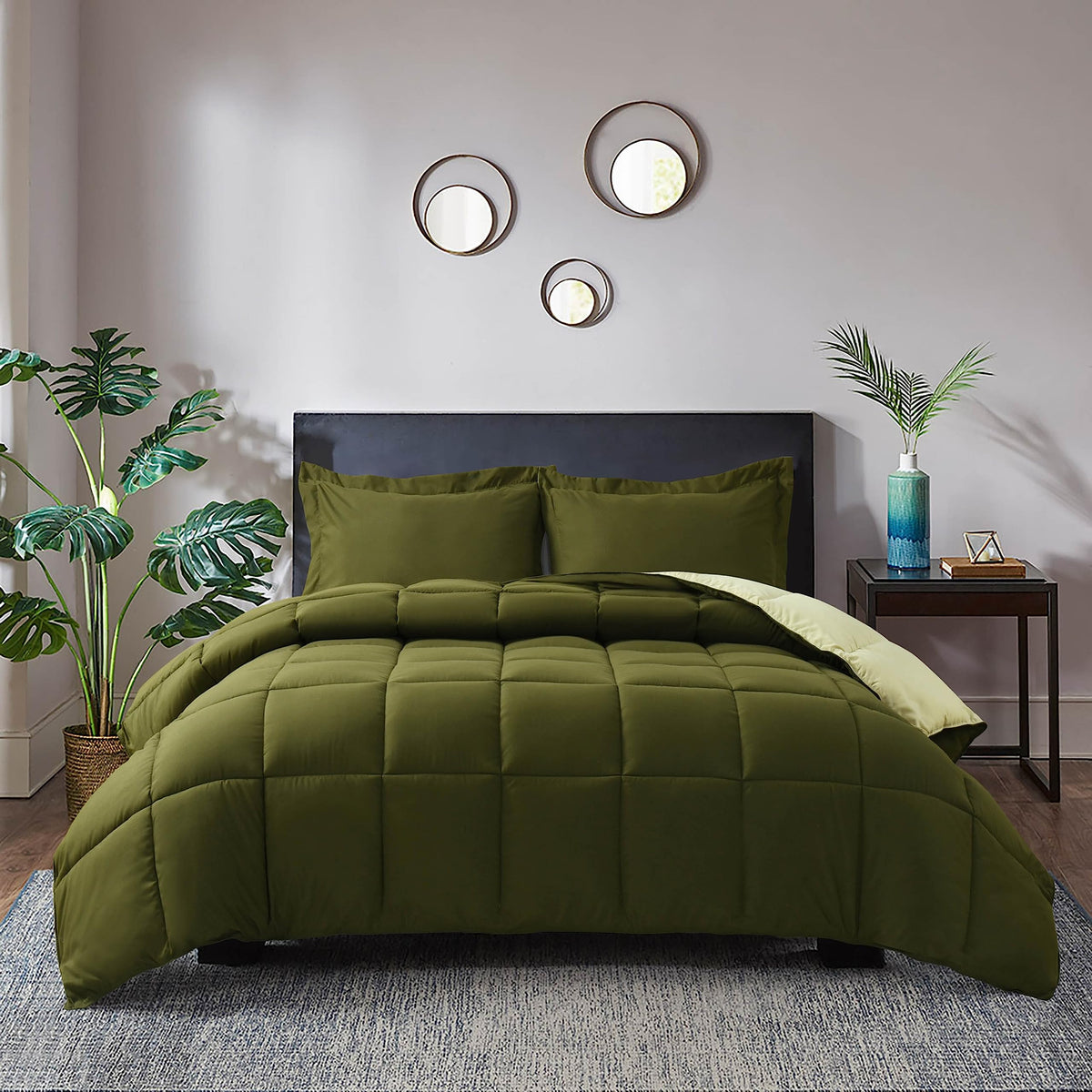 Hig 3Pc Olive Green California King Comforter Set - All Season Reversible Down Alternative Comforter With Two Shams - Quilted Du