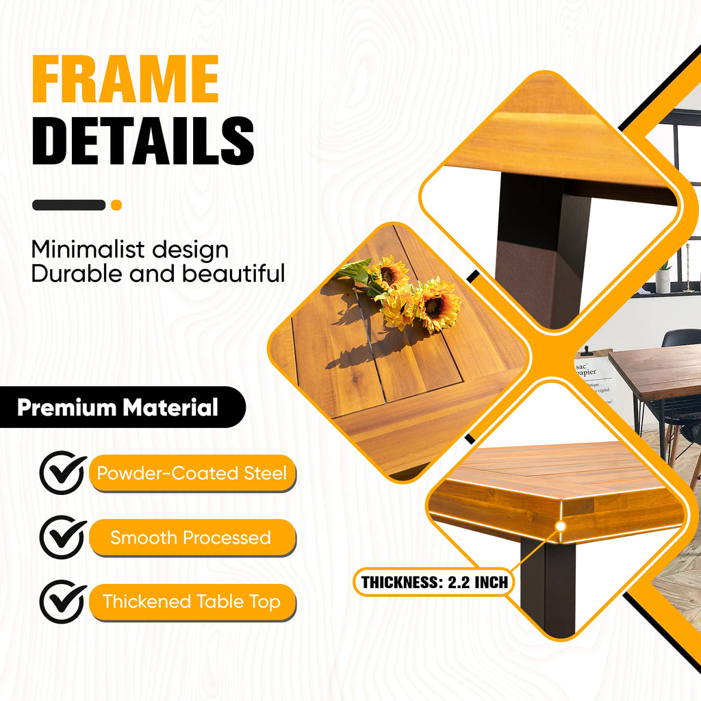 Flamaker Dining Table For 6 Acacia Wood Indoor Outdoor Home Kitchen Table With Iron Legs Large Rectangular Patio Table For Deck, Sunroom