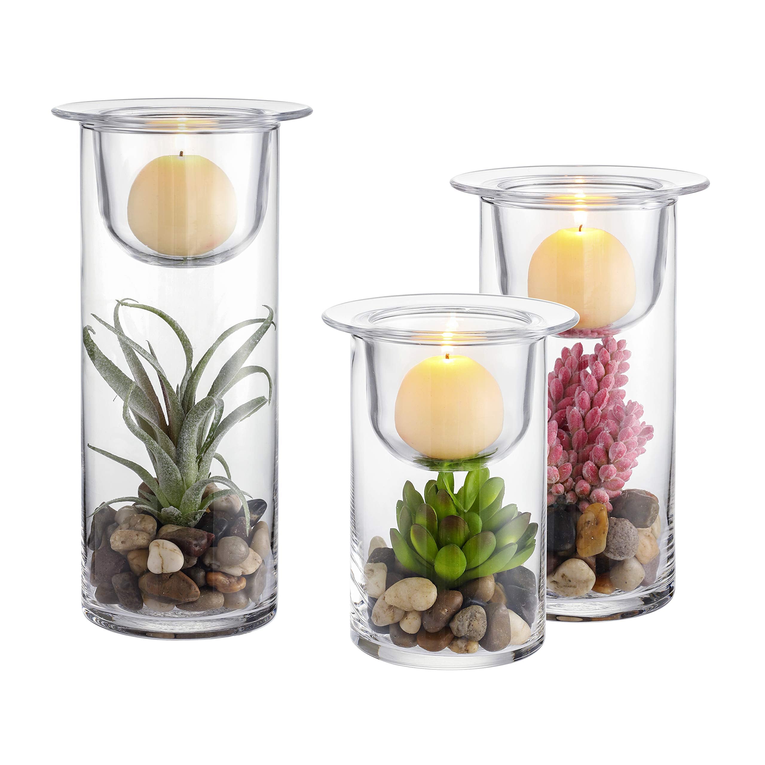 Set of 3 Cylinder Glass Succulent/Decorative Hurricane Candle Holder with Decorative Cobblestones and Artificial Plants (No Cand