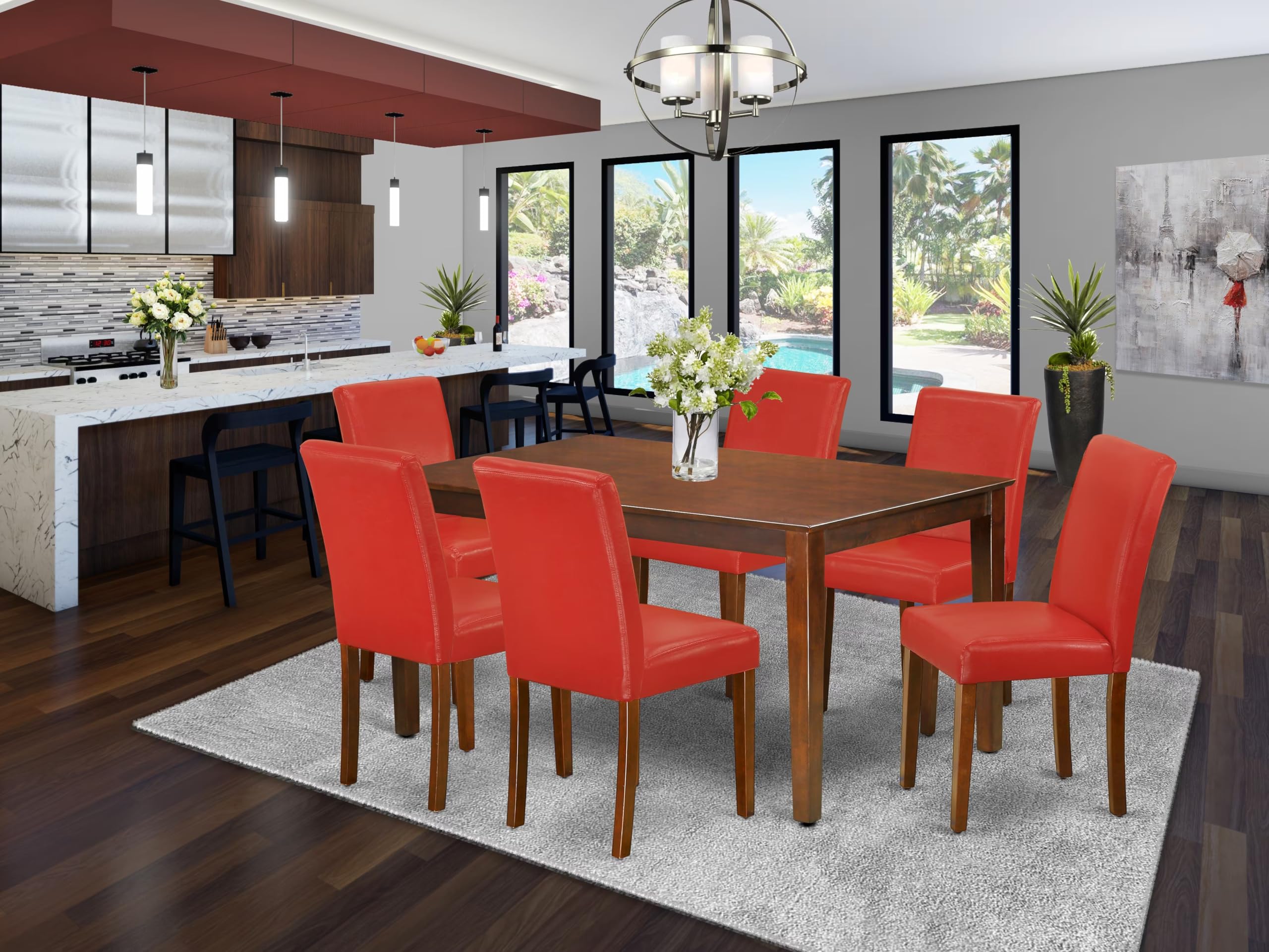 East West Furniture Caab7-Mah-72 Capri 7 Piece Kitchen Table & Chairs Set Consist Of A Rectangle Dining Room Table And 6 Firebrick Red Faux Leather Upholstered Chairs, 36X60 Inch, Mahogany