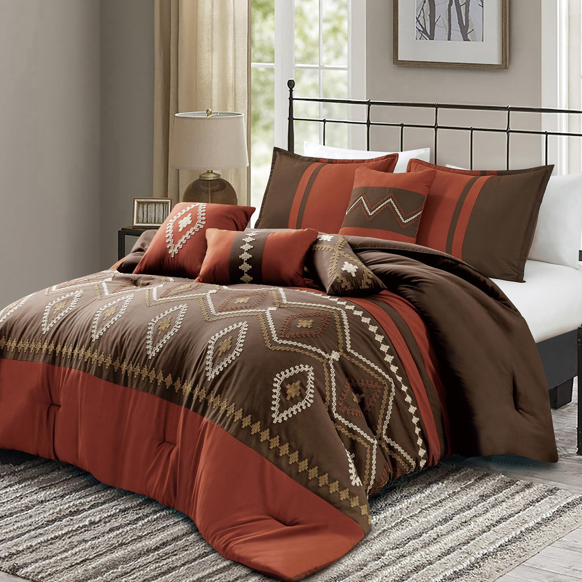 Esca 7-Pieces Chiriga Brick And Brown Comforter Set Terracotta Bedding King Size