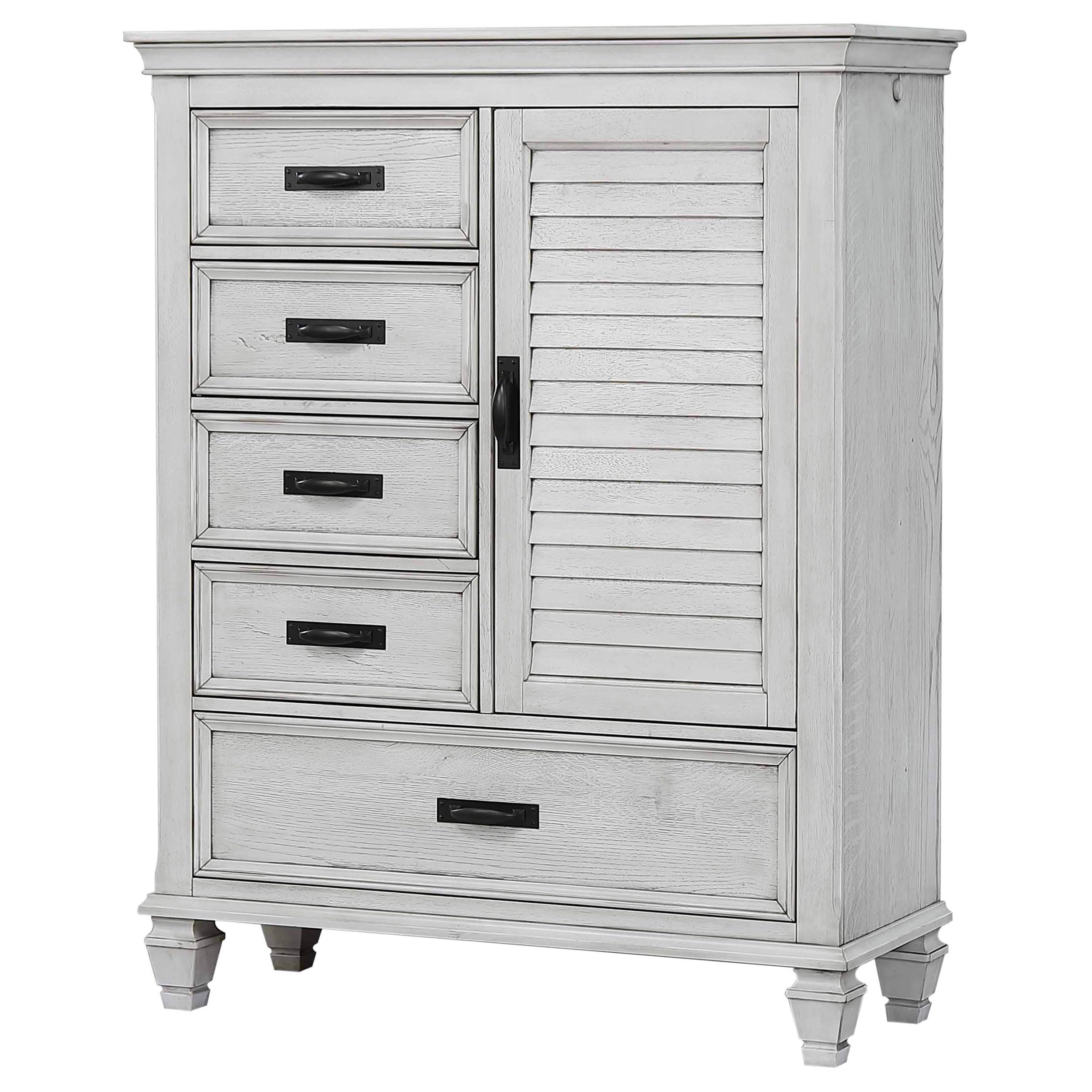 Coaster Home Furnishings Franco Farmhouse Wood 5-Drawer Bedroom Door Chest Chiffonier Clothing Storage Cabinet Bedroom Armoire Tall Dresser Organizer Unit Distressed White 205338