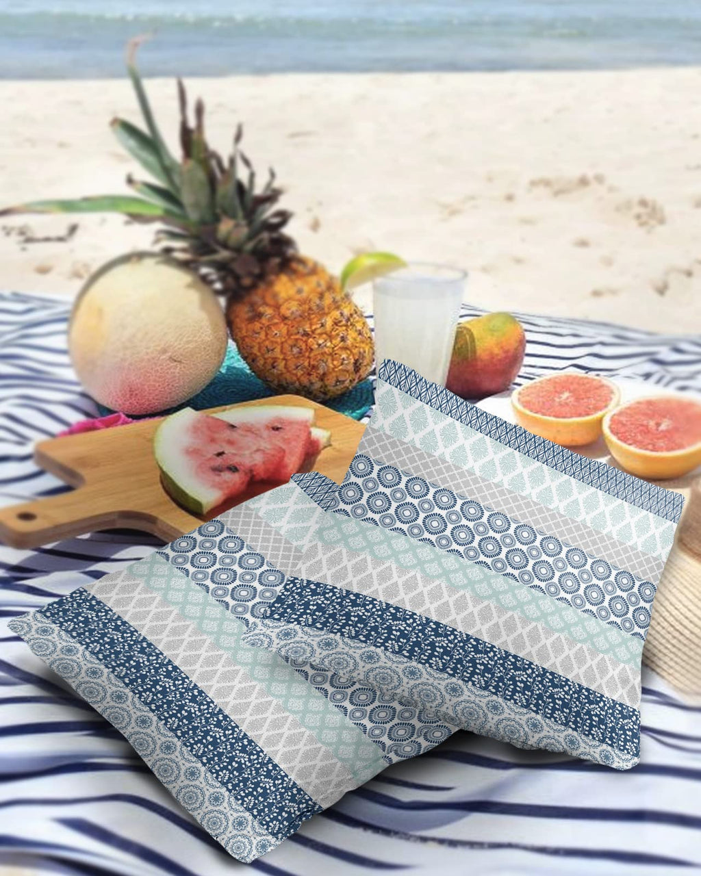 Outdoor Waterproof Throw Pillow Covers Set Of 2 Blue Boho Stripe Tribal Vingtage Lumbar Pillowcases 16X16 Inches Bohemian Style