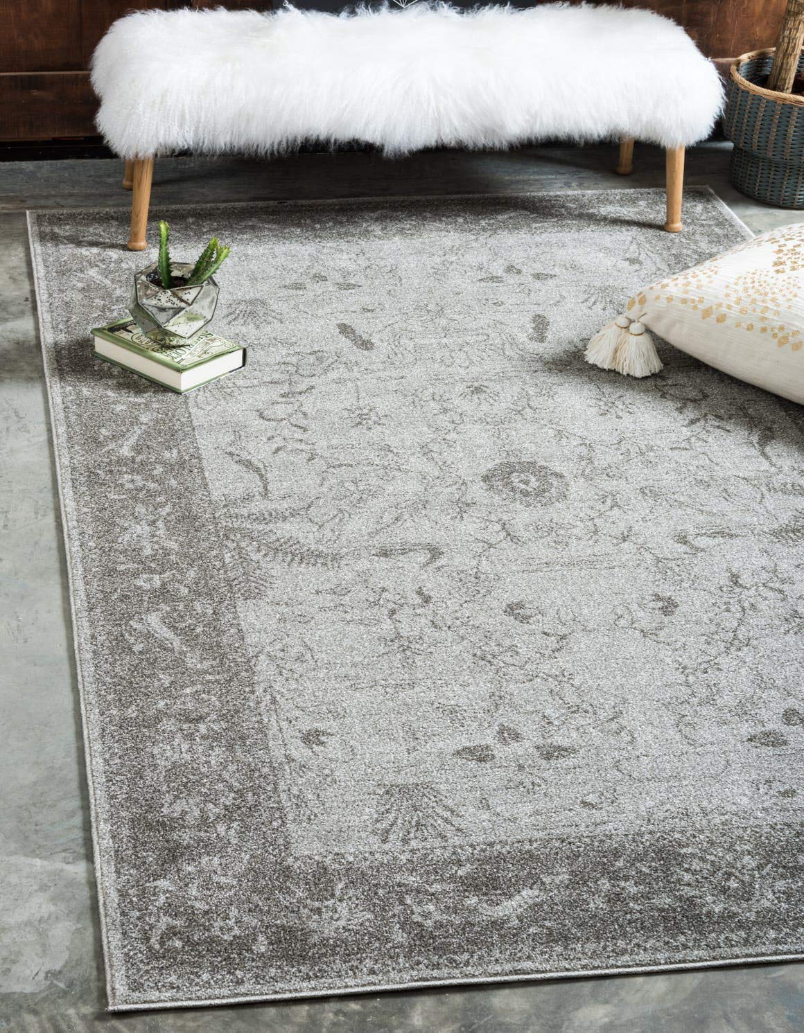 Unique Loom La Jolla Collection Farmhouse, Contemporary, Botanical, Traditional, Vintage Area Rug, 8 x 11 ft, Light Gray/Dark Gr