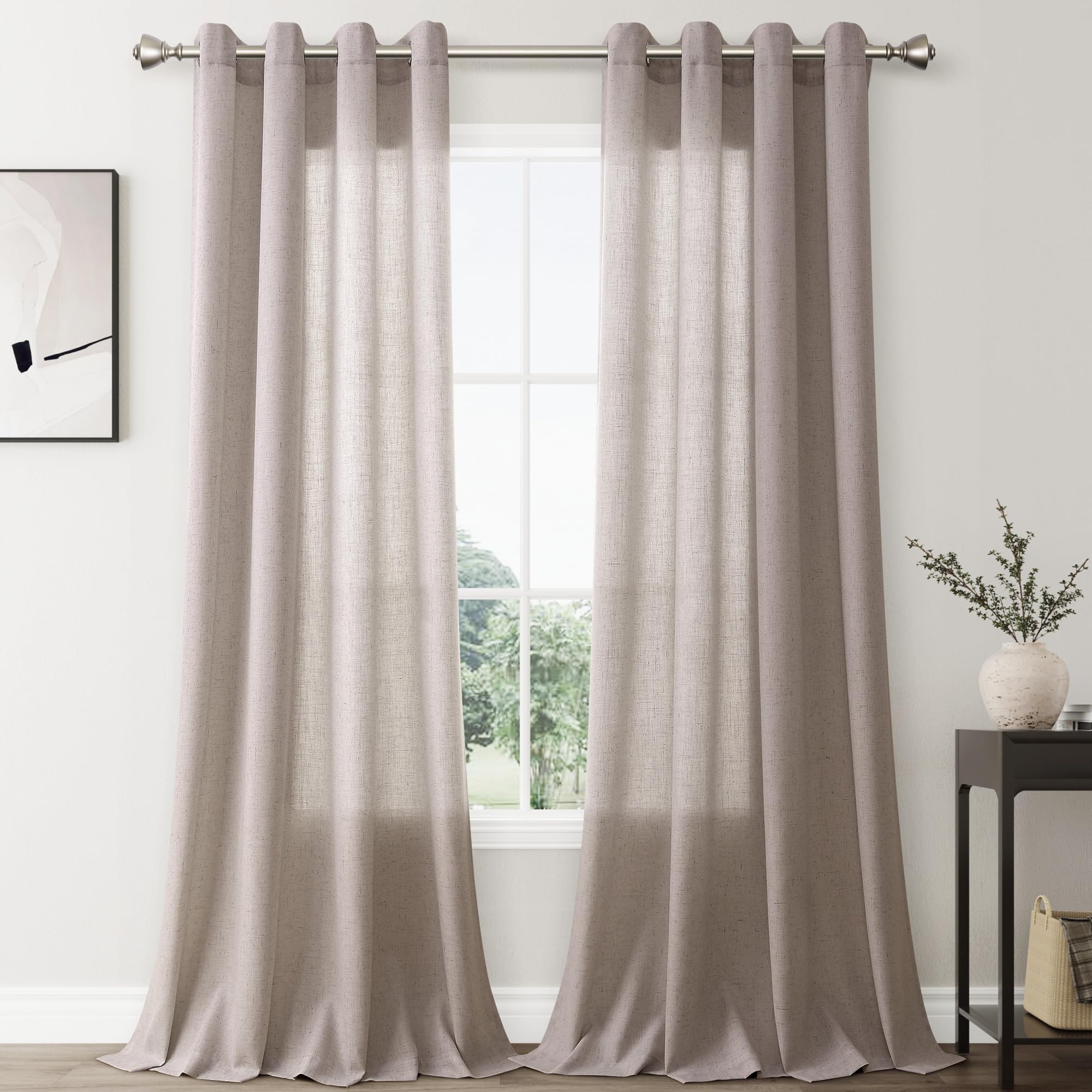 Nanspring Brownish Grey Living Room Curtains 96 Inches Long 2 Panel Set Linen Grommet Light Filtering Semi Sheer Curtain Drapes