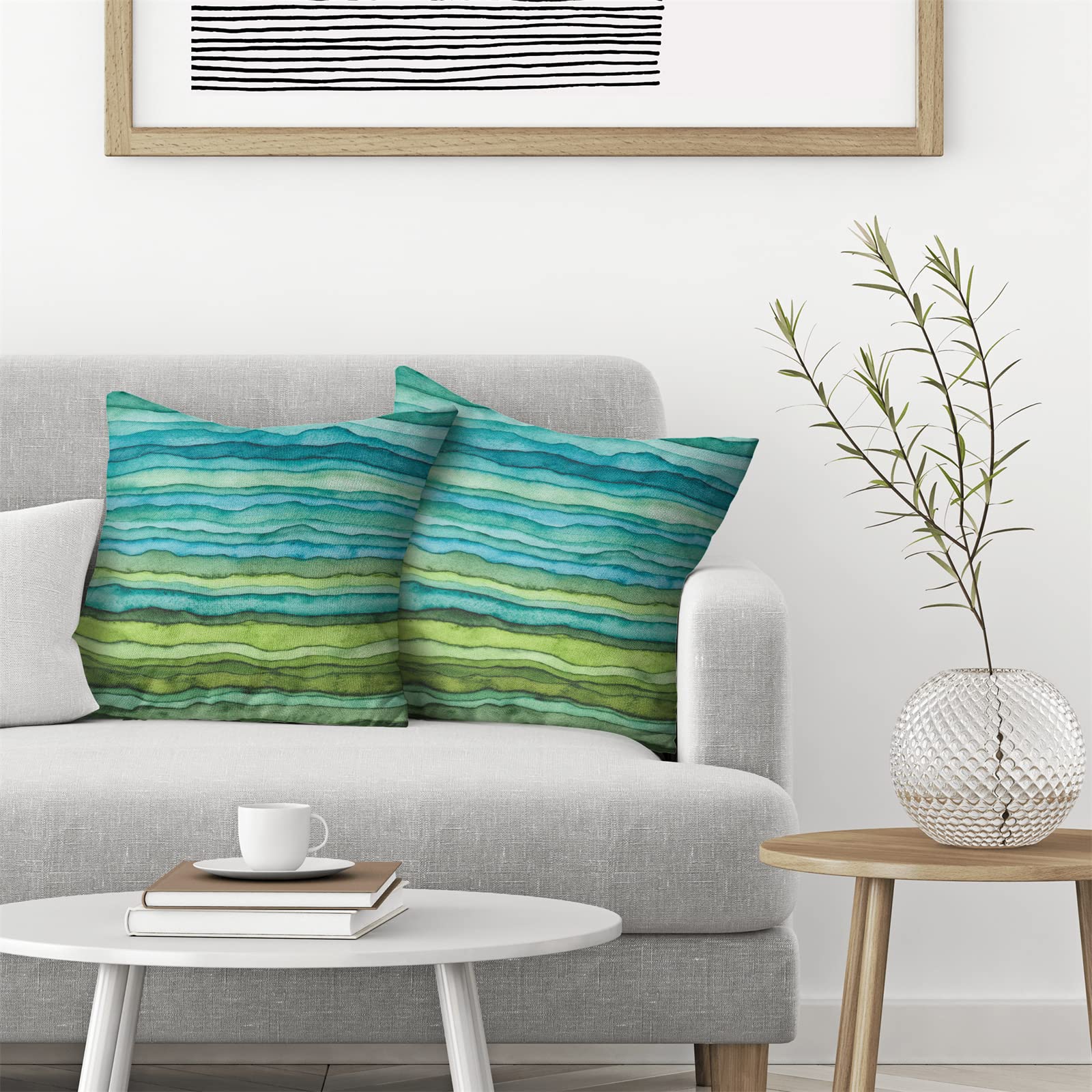 Betginy Blue Teal And Green Pillow Covers 20X20,Watercolor Striped Waves Outdoors Decorative Throw Pillows For Couch,Abstract Pa