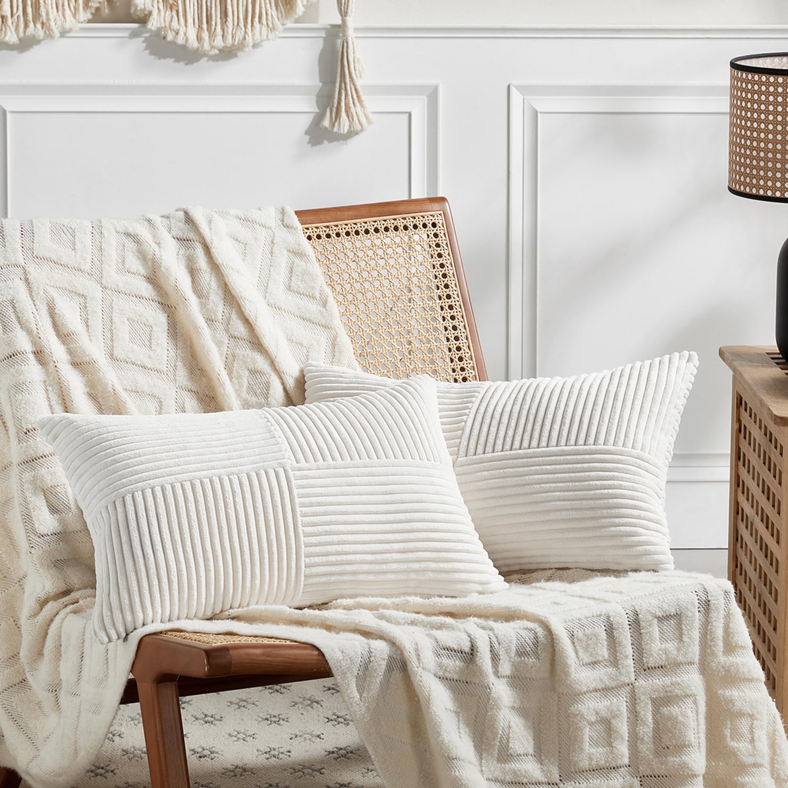 Fancy Homi 2 Packs Cream White Lumbar Decorative Throw Pillow Covers 12X20 Inch For Couch Bed Sofa, Rustic Farmhouse Boho Home D