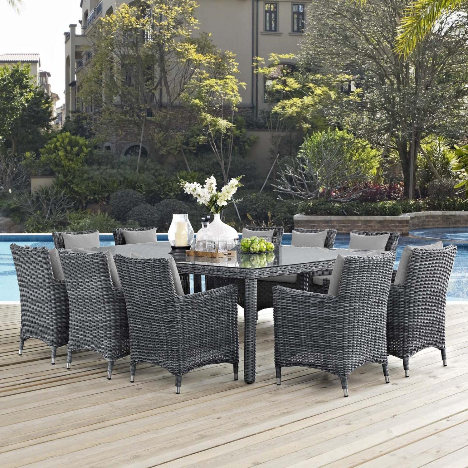 Modway Summon Wicker Rattan Aluminum Outdoor Patio 11-Piece 91" Dining Table And Dining Armchairs With Sunbrella® Fabric Cushions In Canvas Gray