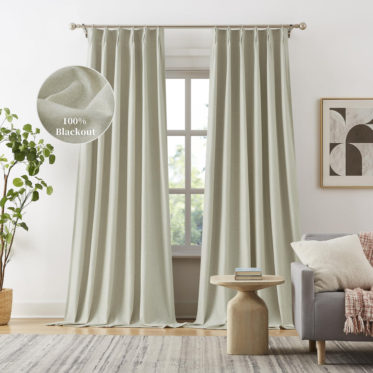 Blackout Pinch Pleated Curtains For Bedroom 132 Inch Length, Linen Blended Farmhouse 100% Blackout Thermal Insulated Back Tab Dr