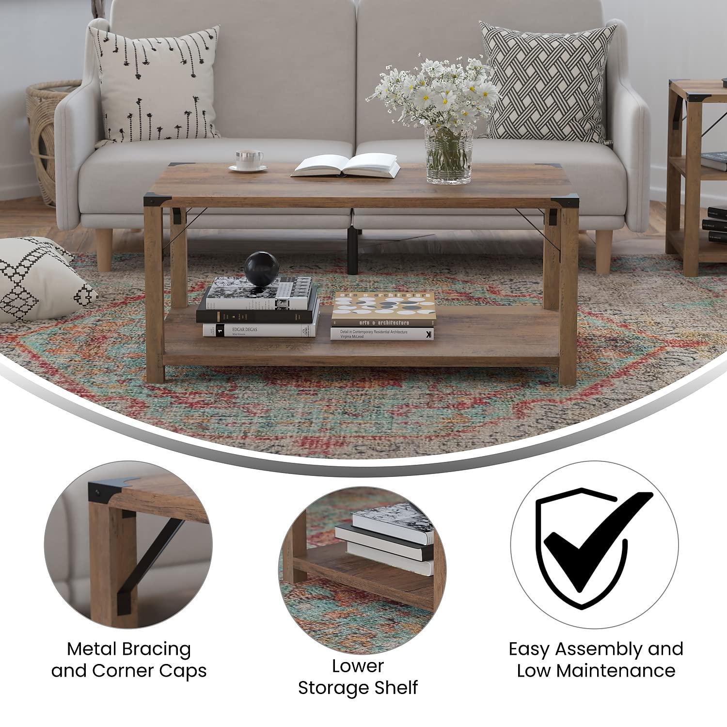 Flash Furniture Wyatt Modern Farmhouse 2 Tier Coffee Table - Rustic Oak Engineered Wood Frame - Black Metal Crisscross Side Braces and Corner Accents