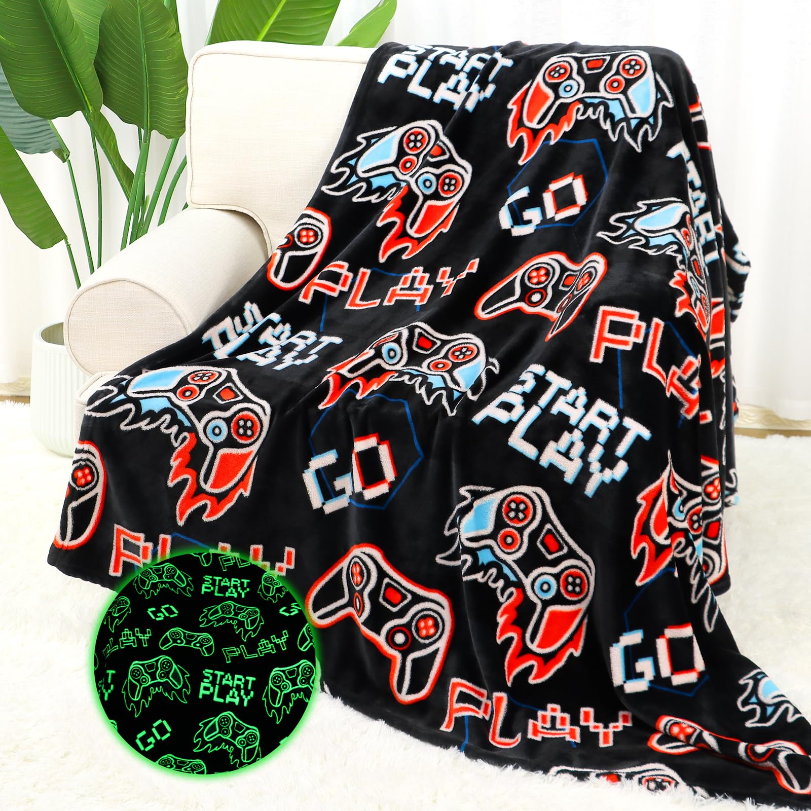 AISDE Glow in The Dark Gaming Blanket - Gamer Gifts for Boys & Teenagers, Game Controller Throw Blanket for Christmas & Birthday