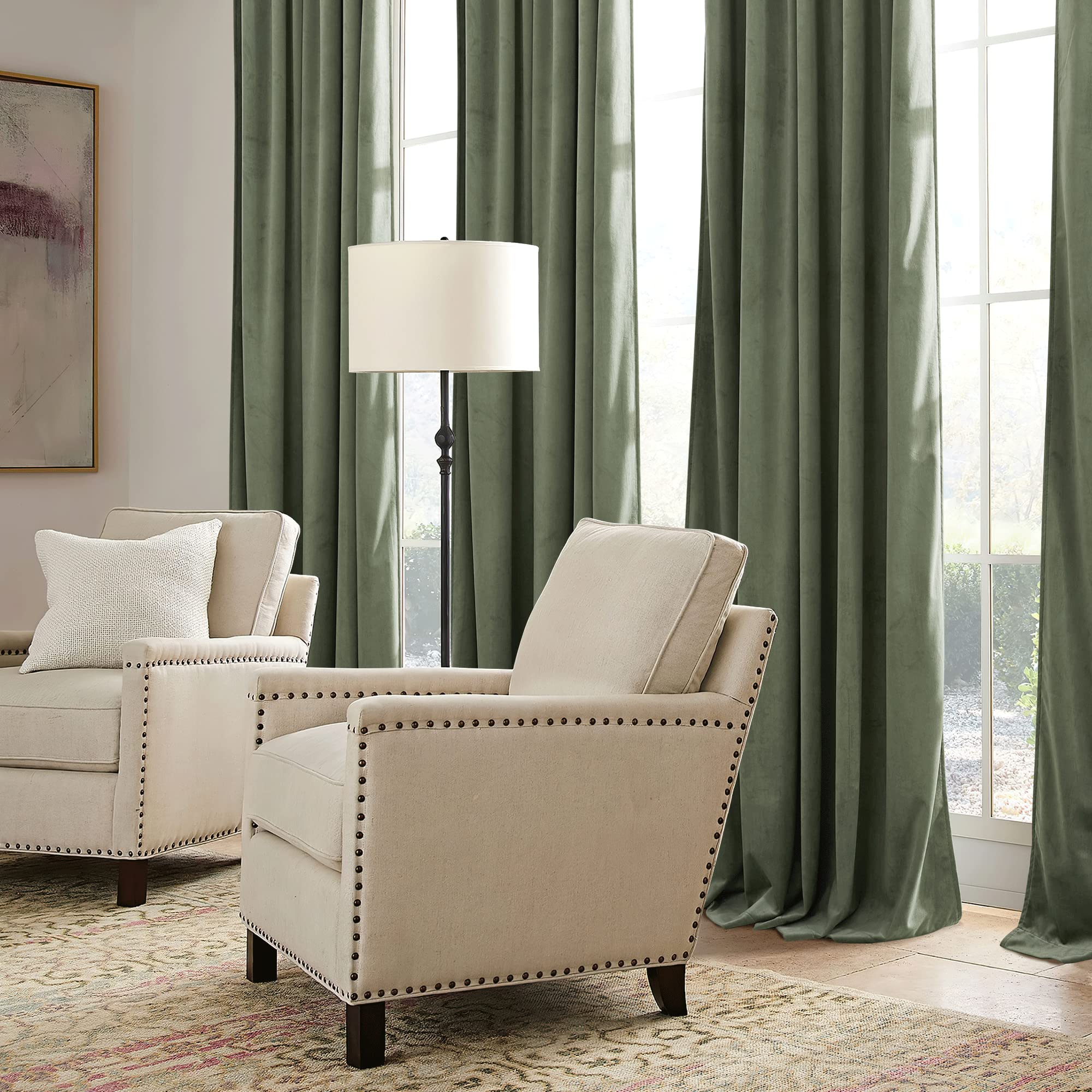 Ryb Home Sage Green Velvet Curtains With Hook Tape, Thermal Insulated Privacy Protect Decorative Drapes For Home Theater, W 52 X L 72 Inches, 2 Panels Set