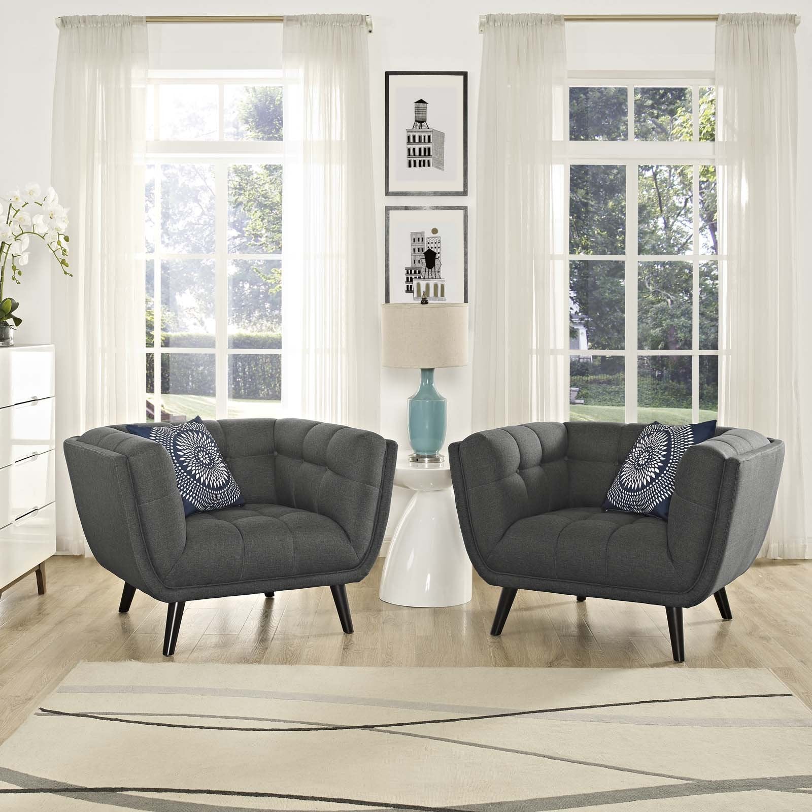 Modway Bestow Mid-Century Modern Upholstered Fabric Living Room Armchairs, 2 Piece, Gray