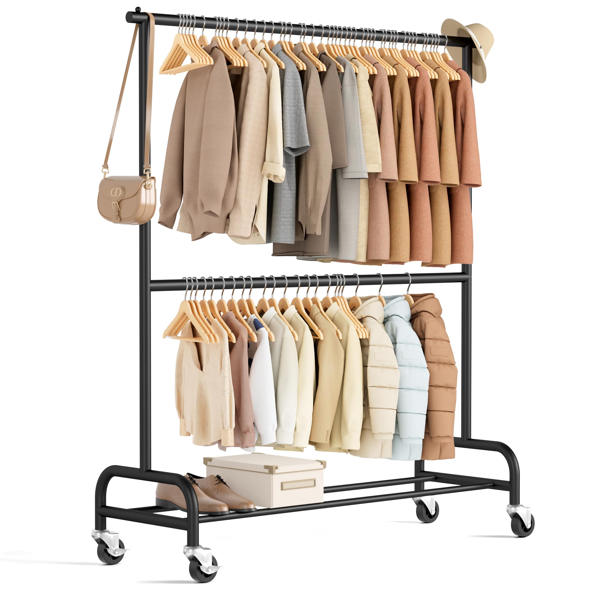 MISSLO Heavy Duty Clothes Rack for Hanging Clothes Double Rod Rolling Clothing Rack Heavy Duty on Wheels for Coat, Garment, Matt