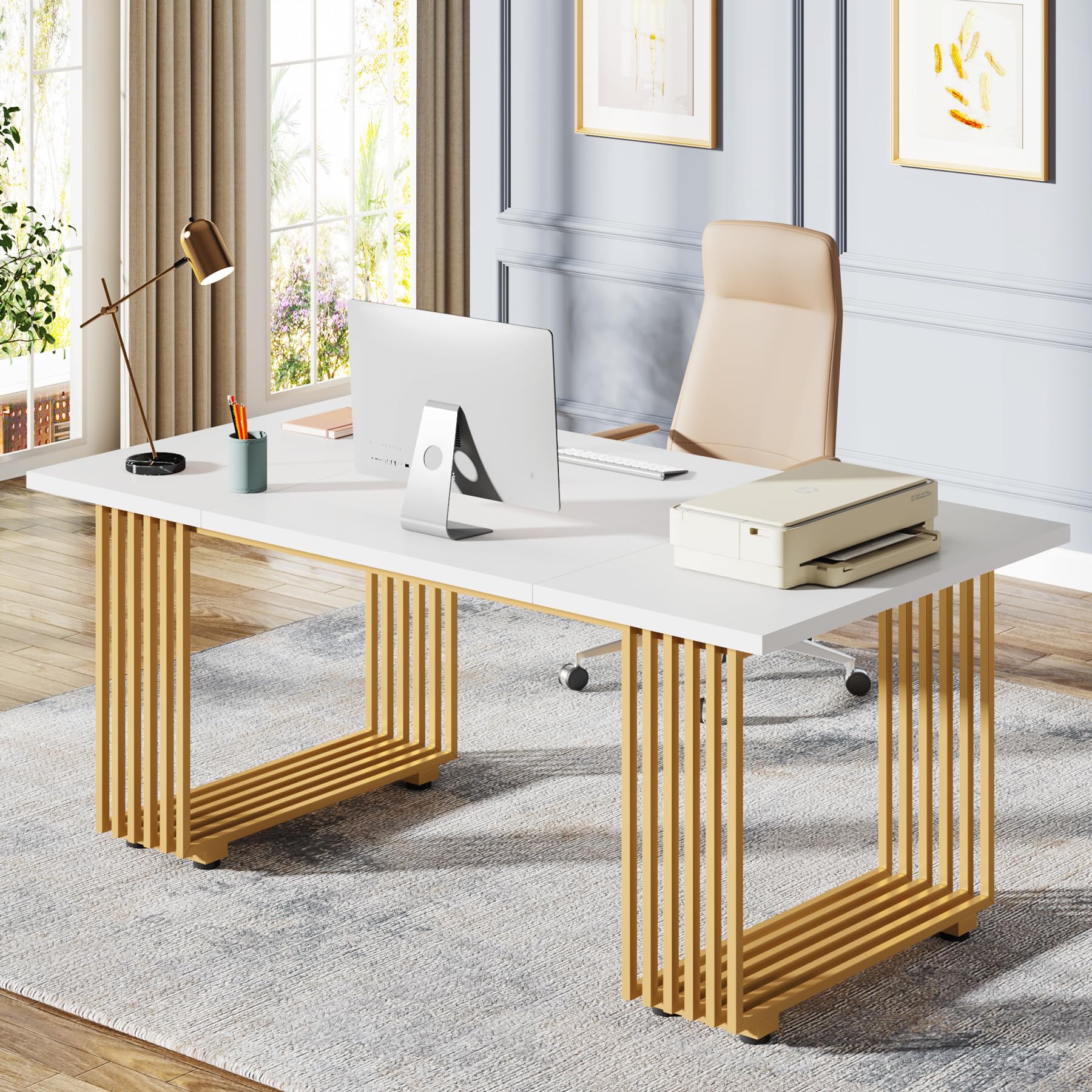 Tribesigns 70.9' Modern Office Desk, Wooden Computer Desk, White Executive Desk With Gold Metal Legs, Large Workstation For Home Office, Study Writing Desk, Small Conference Table For Meeting Room