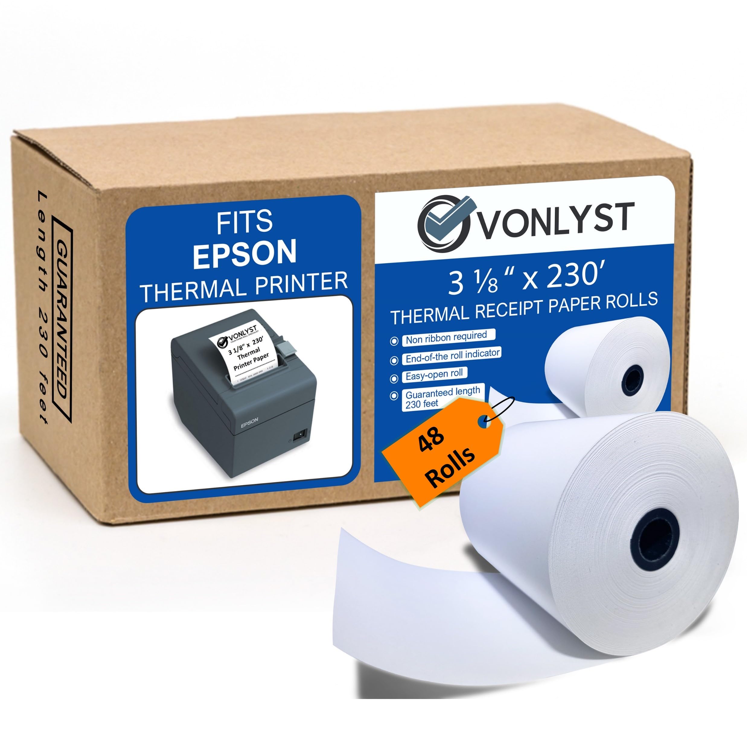 Vonlyst 3 1/8 X 230 Thermal Paper Receipt Roll For Epson Printer (Pack 48 Rolls)