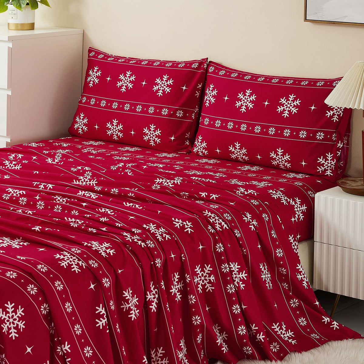 Vaulia Soft Microfiber Sheets, Print Snowflake Pattern Christmas Holidays, 4-Piece Set (1 Fitted Sheet 1 Flat Sheet 2 Pillowcase