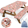 Britown Birds Picnic Table Cover With Bench Covers, Red Checkered Fitted Rectangle Table Cover, Outdoor Patio Camping Essentials
