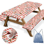 Britown Birds Picnic Table Cover With Bench Covers, Red Checkered Fitted Rectangle Table Cover, Outdoor Patio Camping Essentials