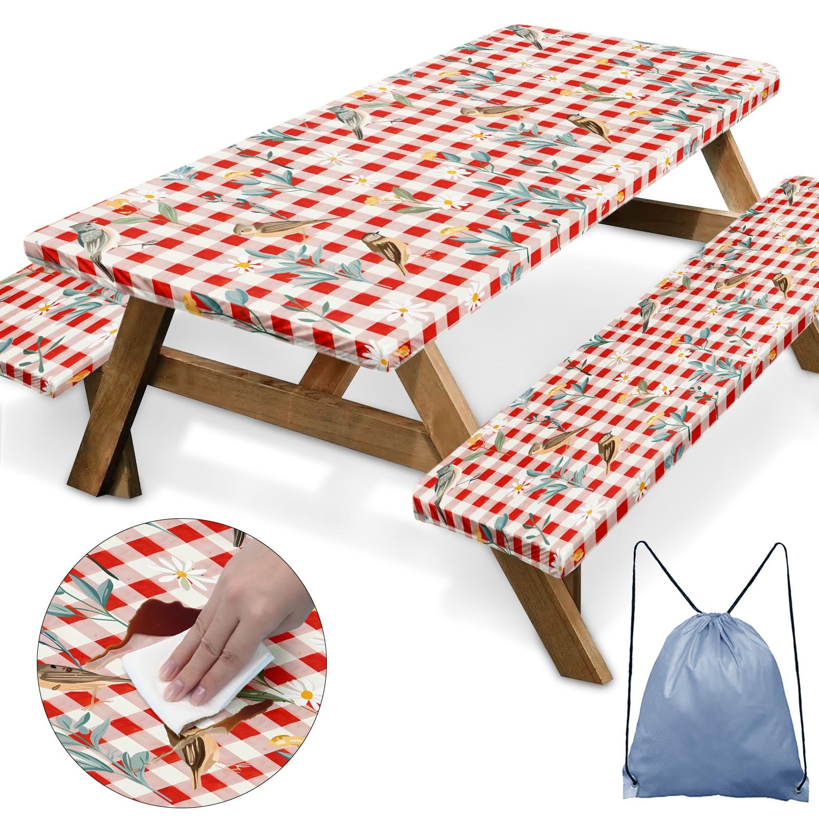 Britown Birds Picnic Table Cover With Bench Covers, Red Checkered Fitted Rectangle Table Cover, Outdoor Patio Camping Essentials