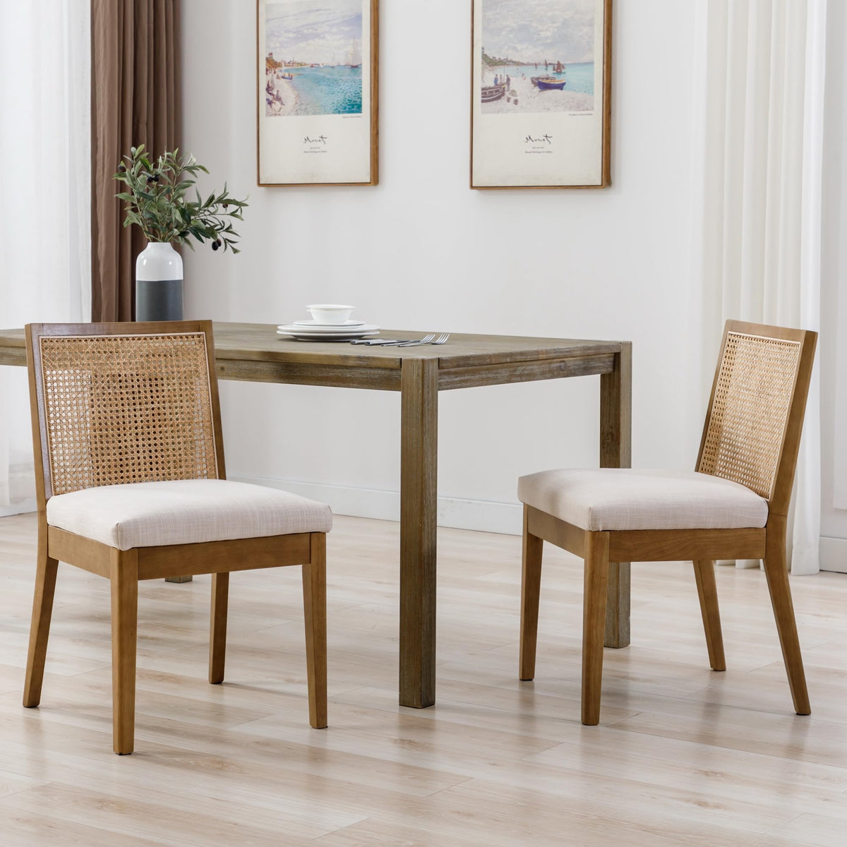 Bestano Farmhouse Rattan Dining Chairs Set Of 2 Natural Wood Dining Room Chairs Rectangle Cane Country Kitchen Chairs Upholstere