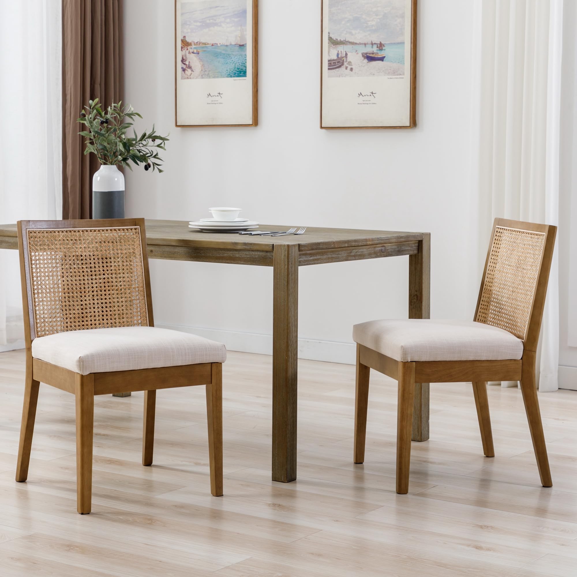 Bestano Farmhouse Rattan Dining Chairs Set Of 2 Natural Wood Dining Room Chairs Rectangle Cane Country Kitchen Chairs Upholstere