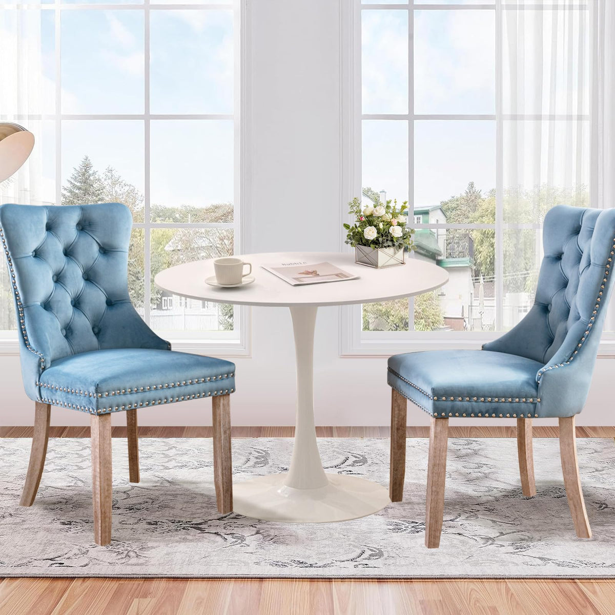 Soartalent 3-Pieces 31.5' Round Dining Table Set For 2, White Dining Table & 2 Velvet Upholstered Dining Chairs For Kitchen Din