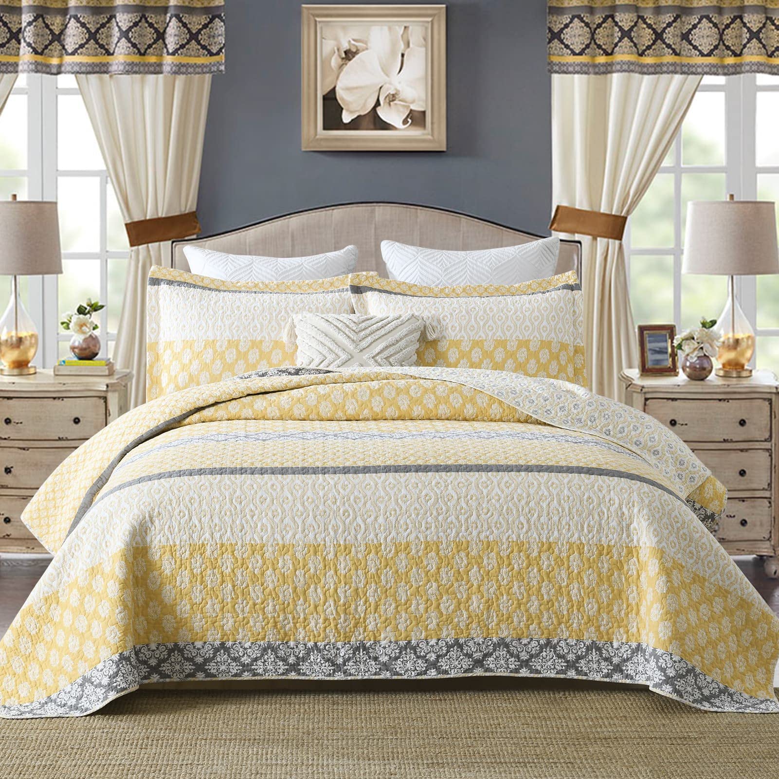 Dduoxin Floral Quilts King Size - 100% Cotton Reversible King Quilt With 2 Pillow Shams, Farmhouse Soft Bedspreads Lightweight K