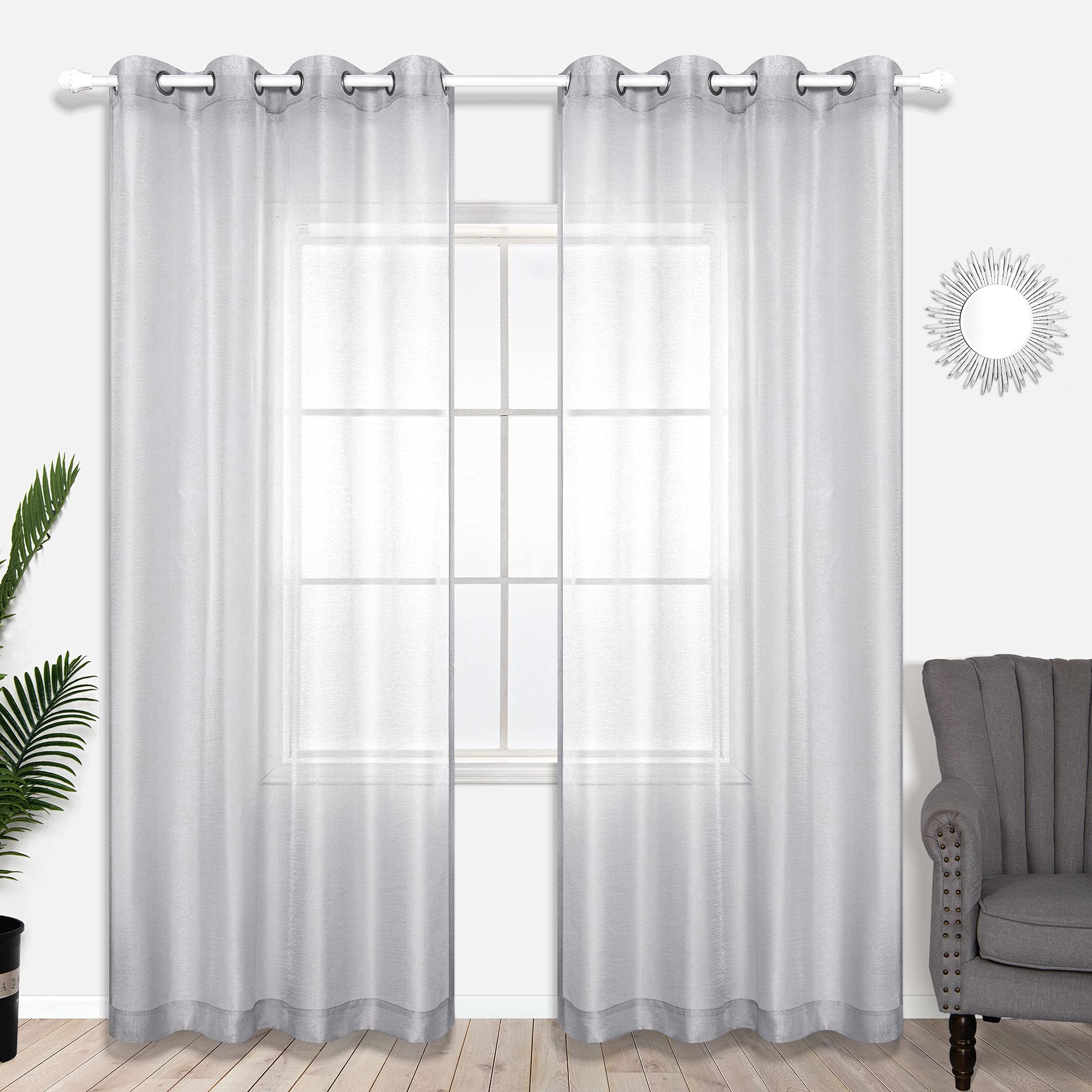 KOUFALL Silver Curtains 96 Inches Long for Bedroom 2 Panels Set Grommet Sheer Window Curtains for Living Room 52x96 Inch Length