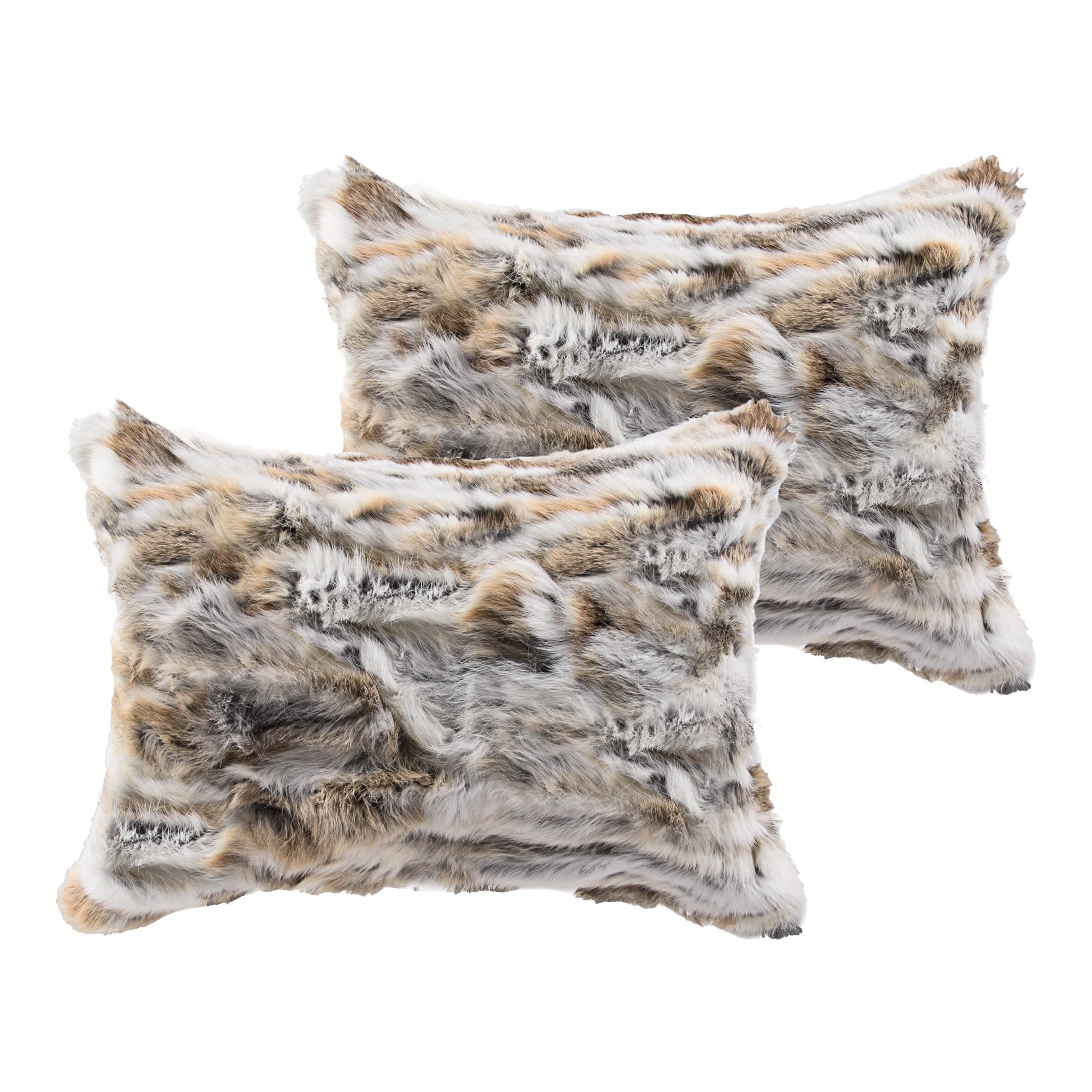 HomeRoots 100% Natural Rabbit Fur and Microsuede Set of Two 12' X 20' Tan and White Rabbit Natural Fur Animal Print Throw Pillows