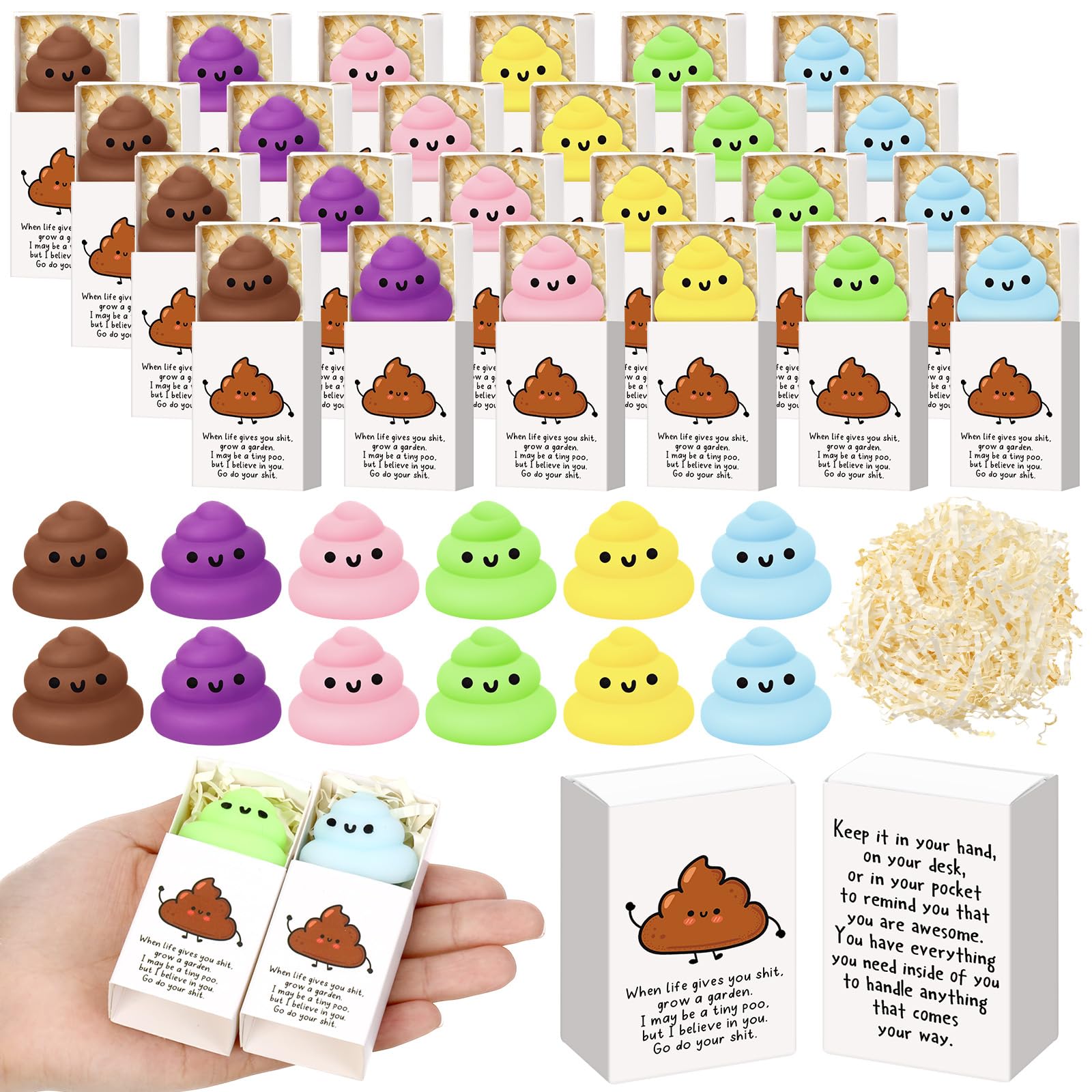 Wettarn 24 Sets Poo Gifts Positive Cute Stress Balls with Support Gift Boxes Funny Bulk Poop Party Favors for Employee Coworker 