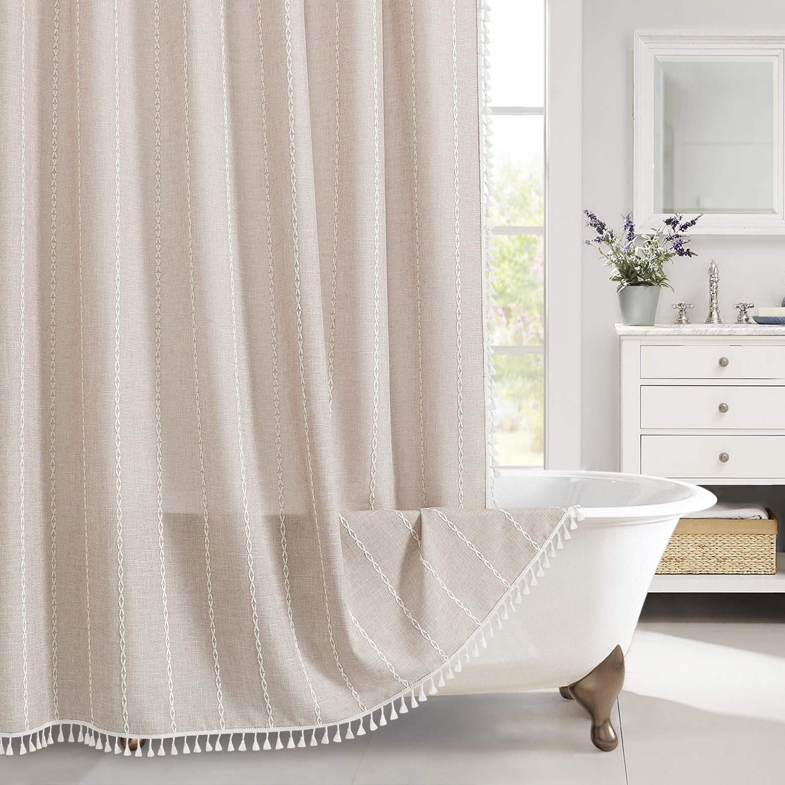 MitoVilla Boho Extra Long Shower Curtain 72 x 84, Tan 84 inch XL Polyester Linen Tassel Fabric Shower Curtain Set with Hooks for