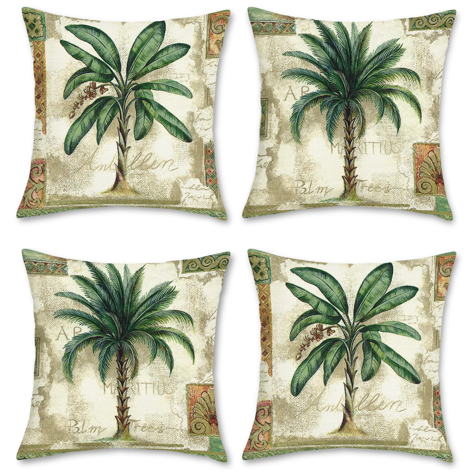 Bonhause Tropical Palm Tree Throw Pillow Covers 18 X 18 Inch Vintage Green Leaf Decorative Pillow Cases Polyester Linen Cushion