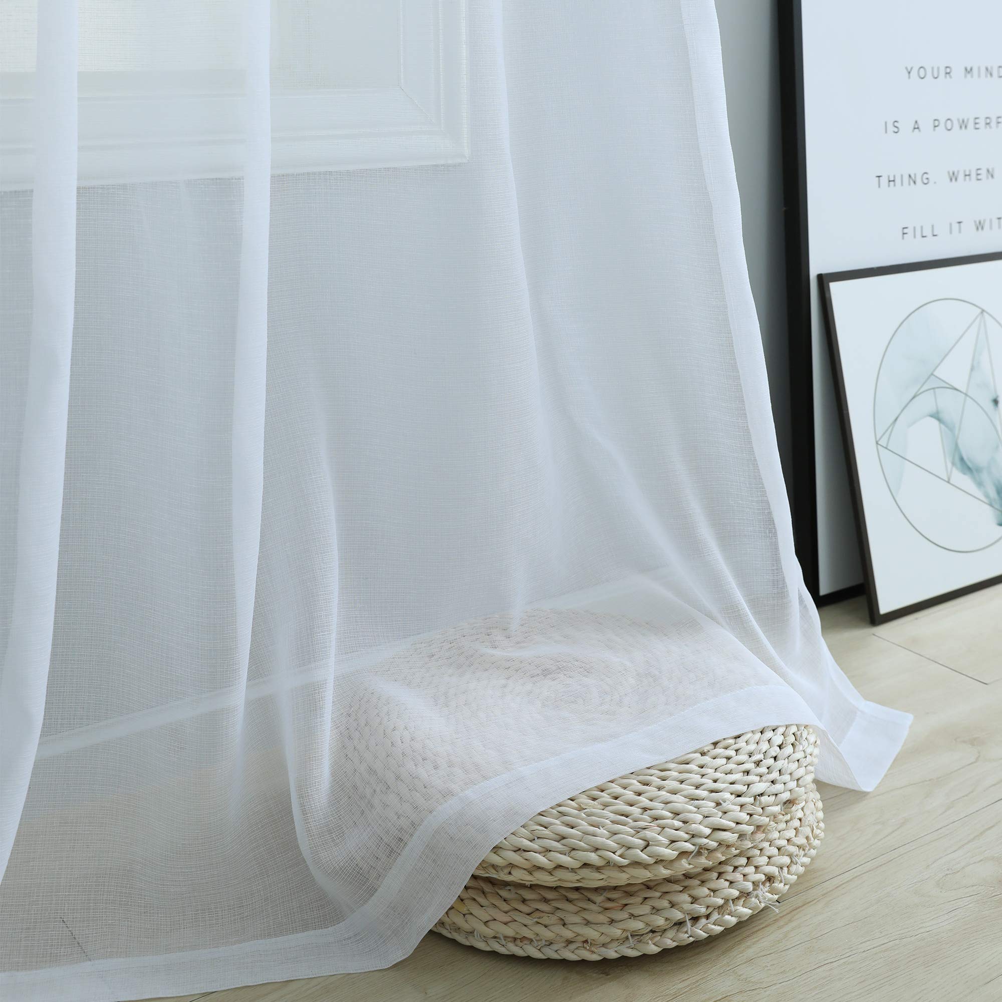 Pitalk White Semi Sheer Curtains 90 Inches Long For Living Room 2 Panels Set Rod Pocket Faux Linen Textured Lightweight Flowy Se